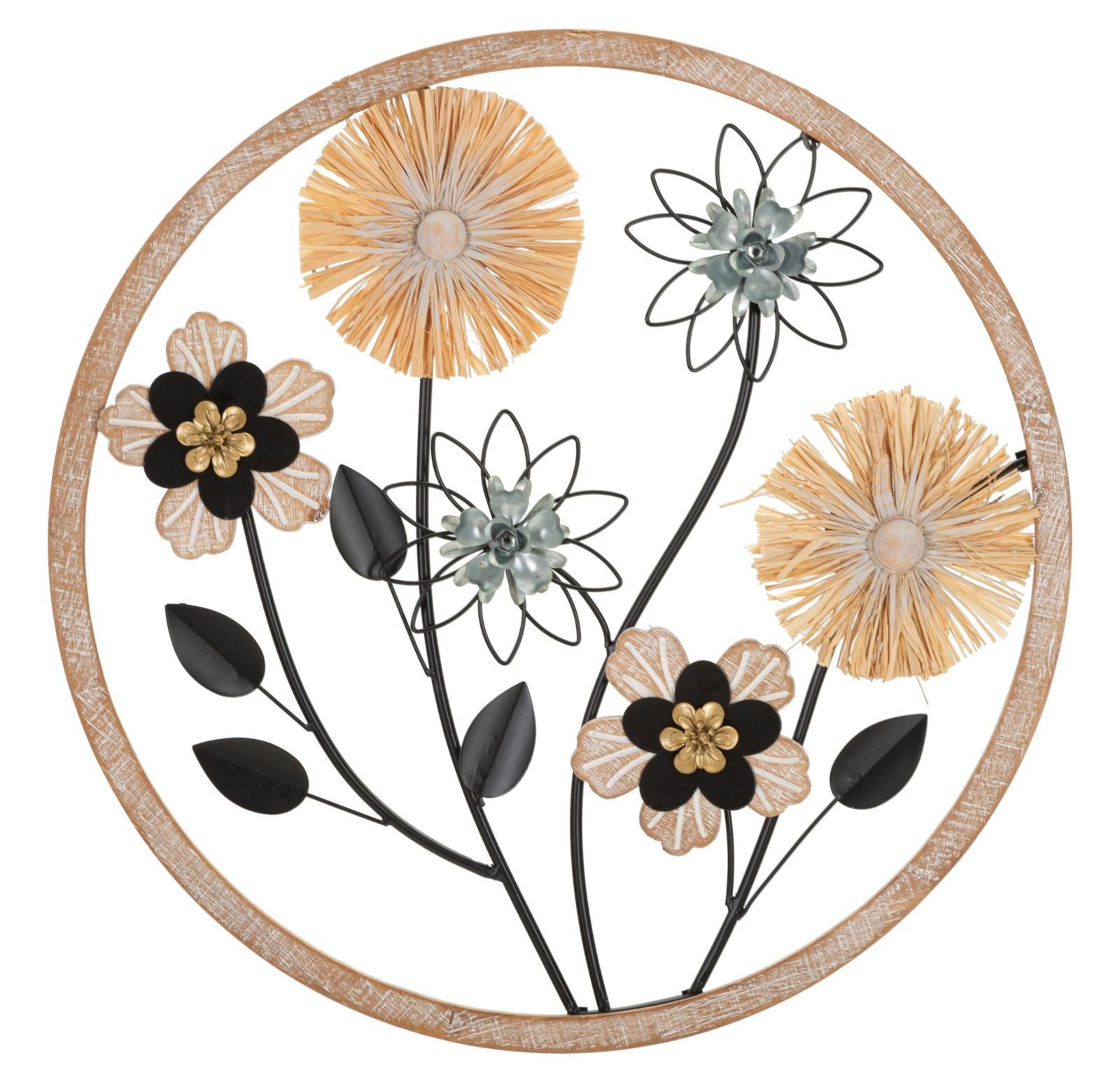 Wanddekoobjekt Wandobjekt Fiorella Rund Blumen Boho Metall Holz Raffia 50cm