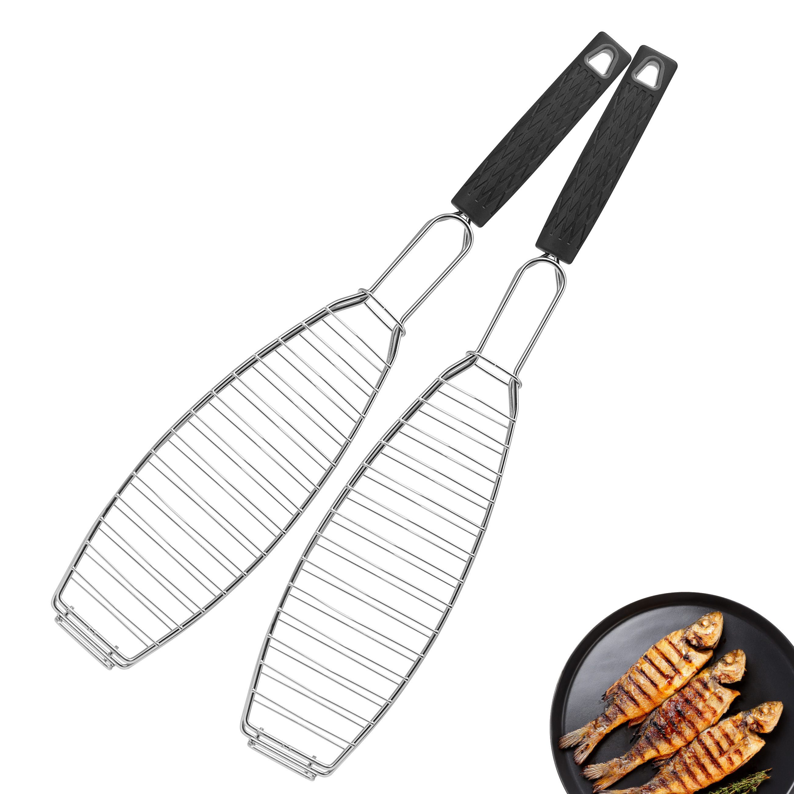 bremermann Grillguthalter Fisch-Grillhalter 2er Set Fischhalter, Fischgriller, Fischbräter, Edelstahl, Kunststoff, (2-St), für Fische bis ca. 30 cm Länge