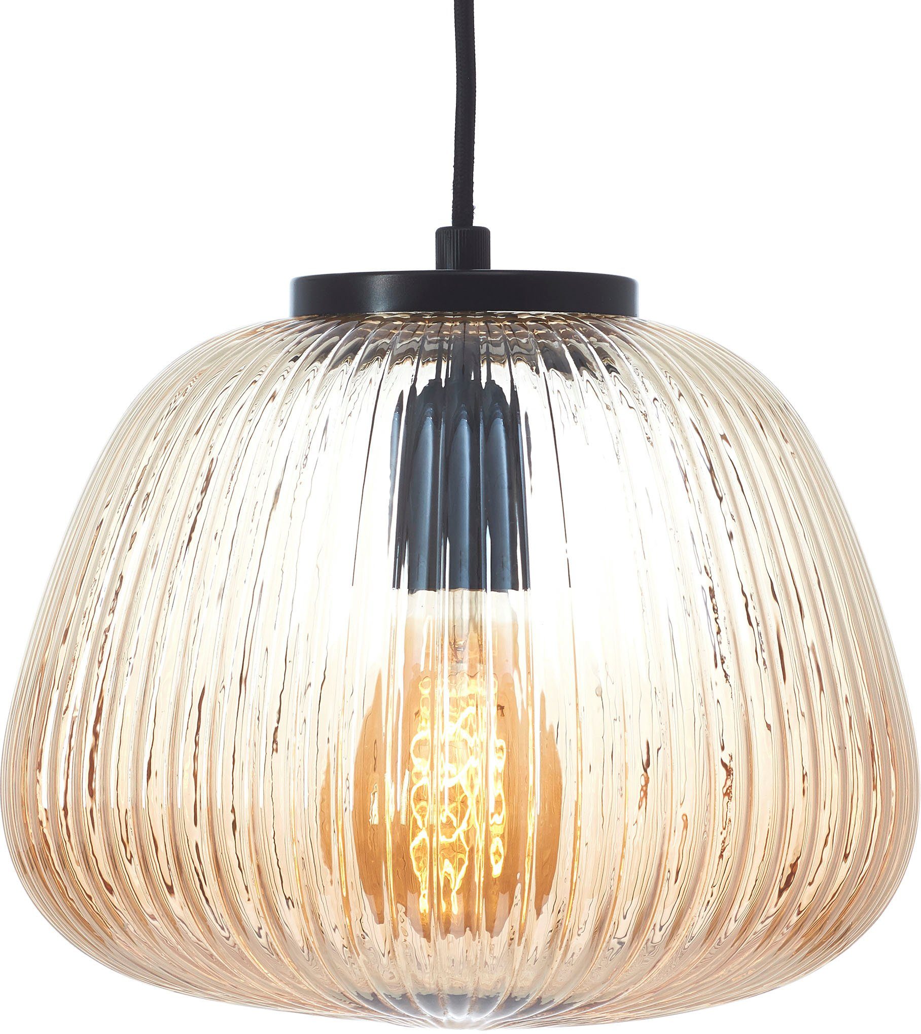 Brilliant Pendelleuchte Kaizen, ohne Leuchtmittel, Riffelglas, D 25 cm, E27, kürzbar, Amber-Bernsteinfarben