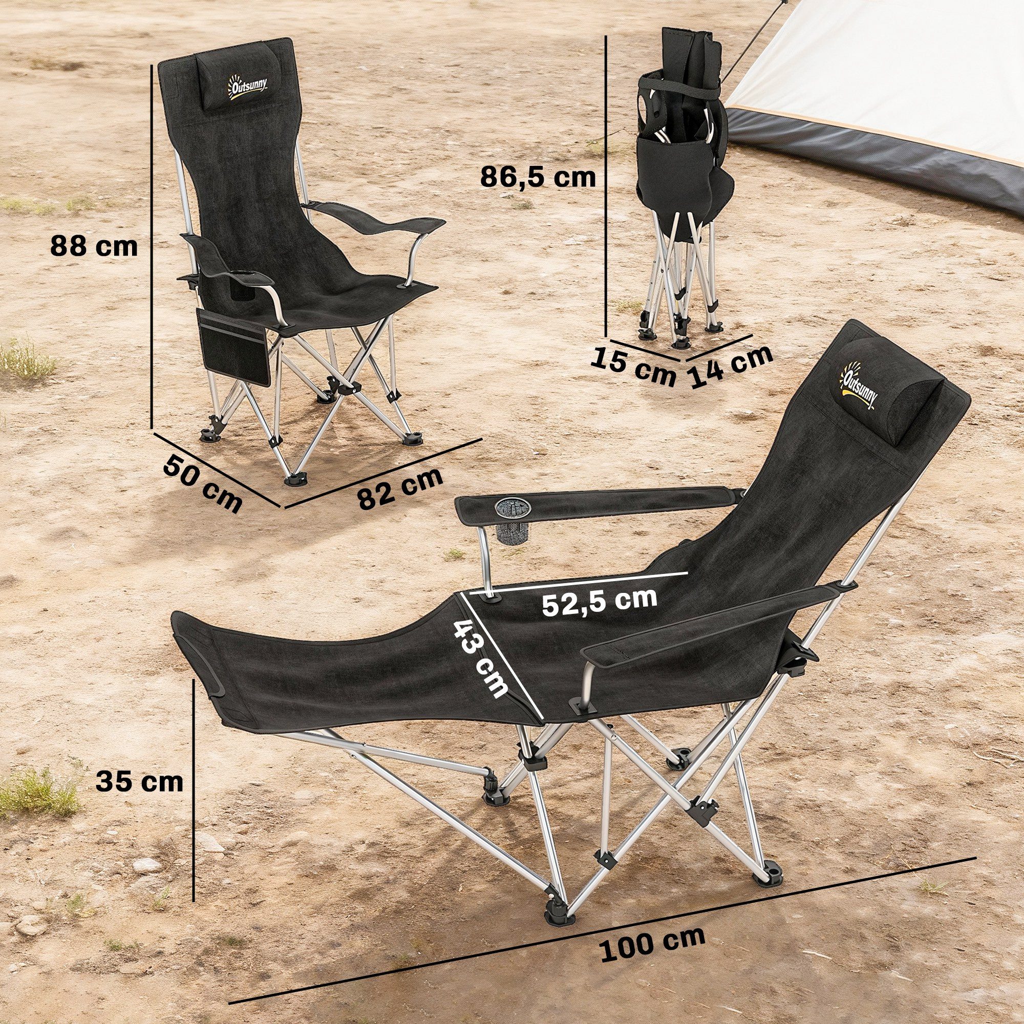Outsunny Klappstuhl Angelstuhl mit abnehmbare Fußablage, Getränkehalter Liegestuhl (2er Set faltbar Campingstuhl, 2 St), belastbar 120 kg, für Erwachsene