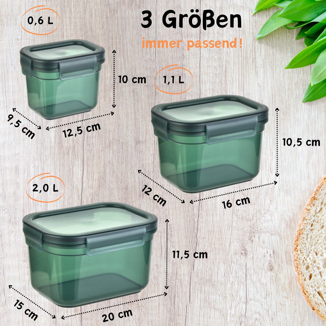 Engelland Frischhaltedose 3er Set Aufbewahrungsdosen mit Deckel, Vorratsdose, Frischhaltedose, Kunststoff/Silikon, (Vorteils-Set, 3-tlg., 0,6 L / 1,1 L / 2,0 L) – Bild 4 von 5