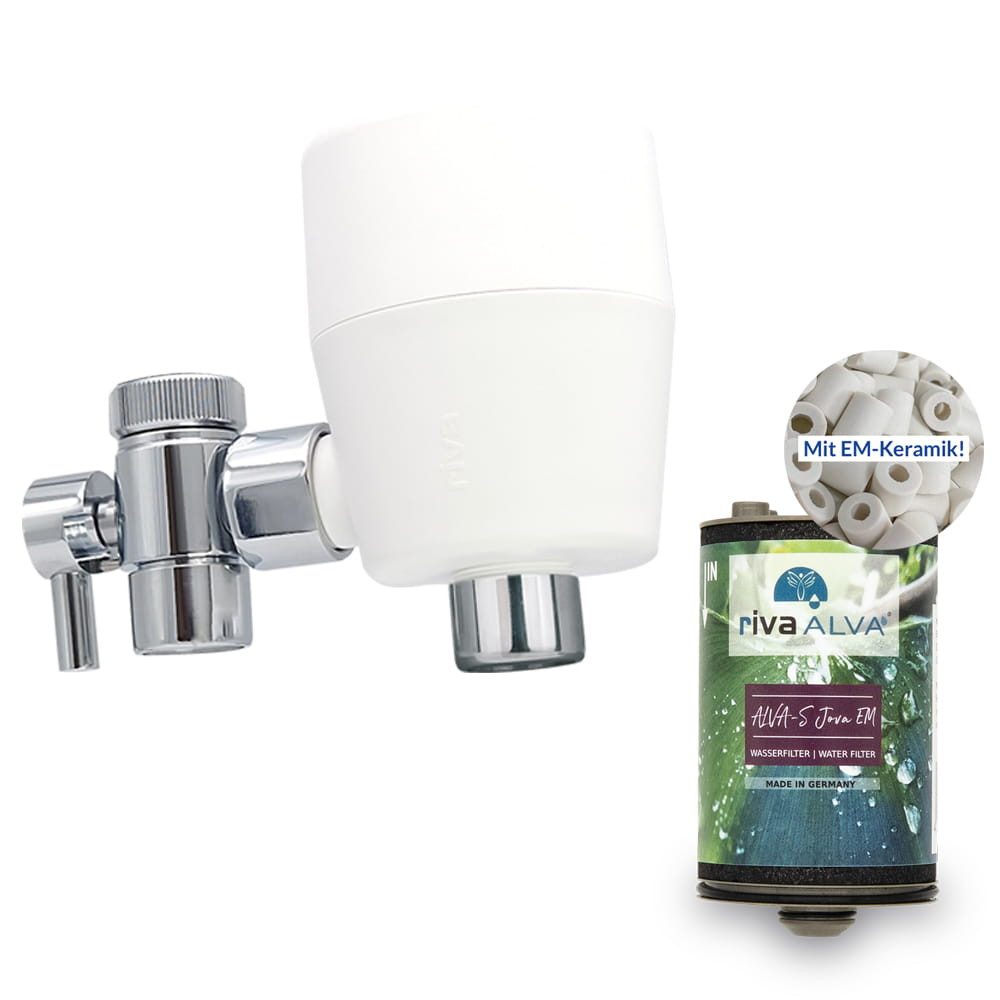 riva Wasserfiltertechnik Wasserhahn-Wasserfilter rivaALVA-S Jova EM Wasserhahnfilter mit Umschaltventil (1 St), weiß, Blockaktivkohle mit EM-Keramik 10 µm plus Membranstufe