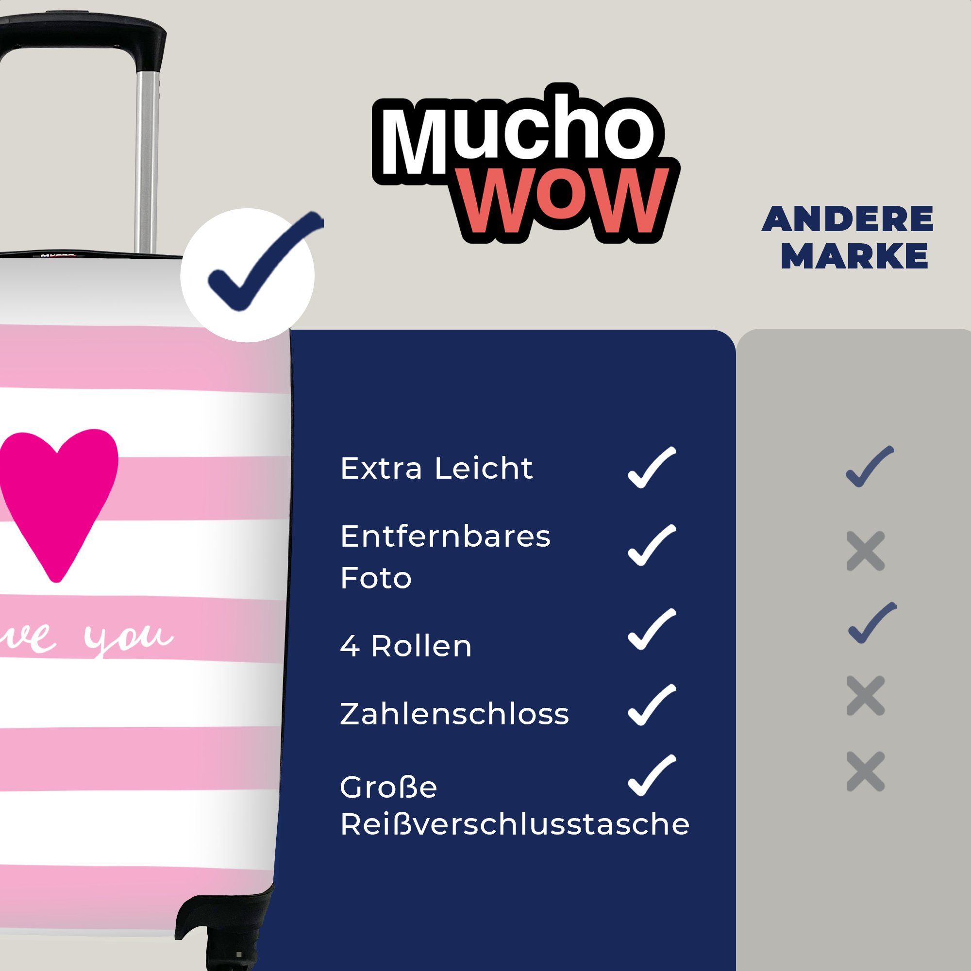 Ferien, Rollen, MuchoWow mit "Ich und Handgepäckkoffer Zitat rosa für mit Herz, rollen, dich" liebe 4 Trolley, dem Reisekoffer Handgepäck einem Reisetasche Illustration