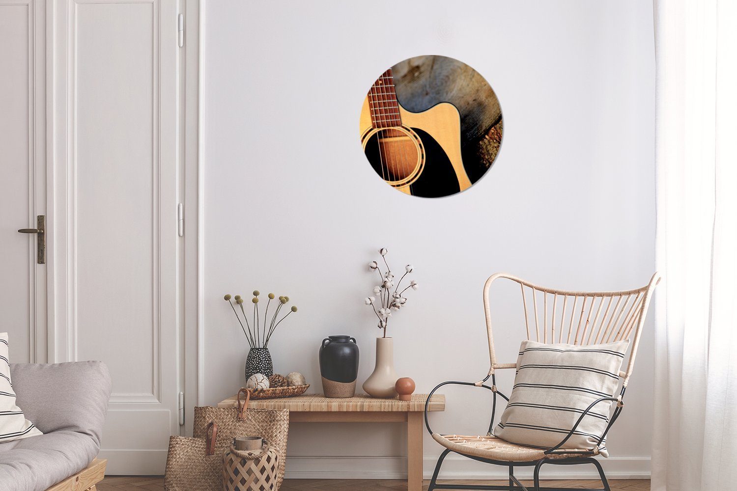 (1 akustische Wanddekoration auf Holzsockel, Gitarre 30x30 MuchoWow Wohnzimmer, Eine Kreis cm St), Wandbild, Rundes einem Gemälde Forex,