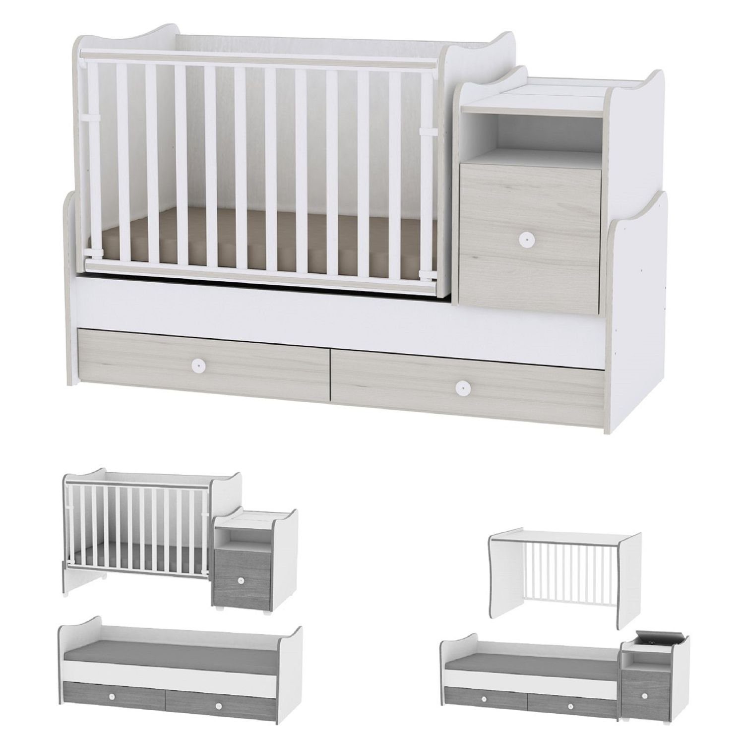 Lorelli Komplettbett Babybett Trend Plus NEW 4 in 1, Schaukelfunktion Jugendbett Schreibtisch