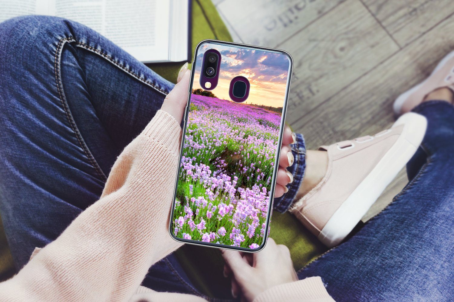 MuchoWow Handyhülle für Samsung Galaxy A40 Blumen - Lavendel - Lila - Himmel - Sonnenunter, Smartphone-Bumper, Print, Handy Schutzhülle Dünn