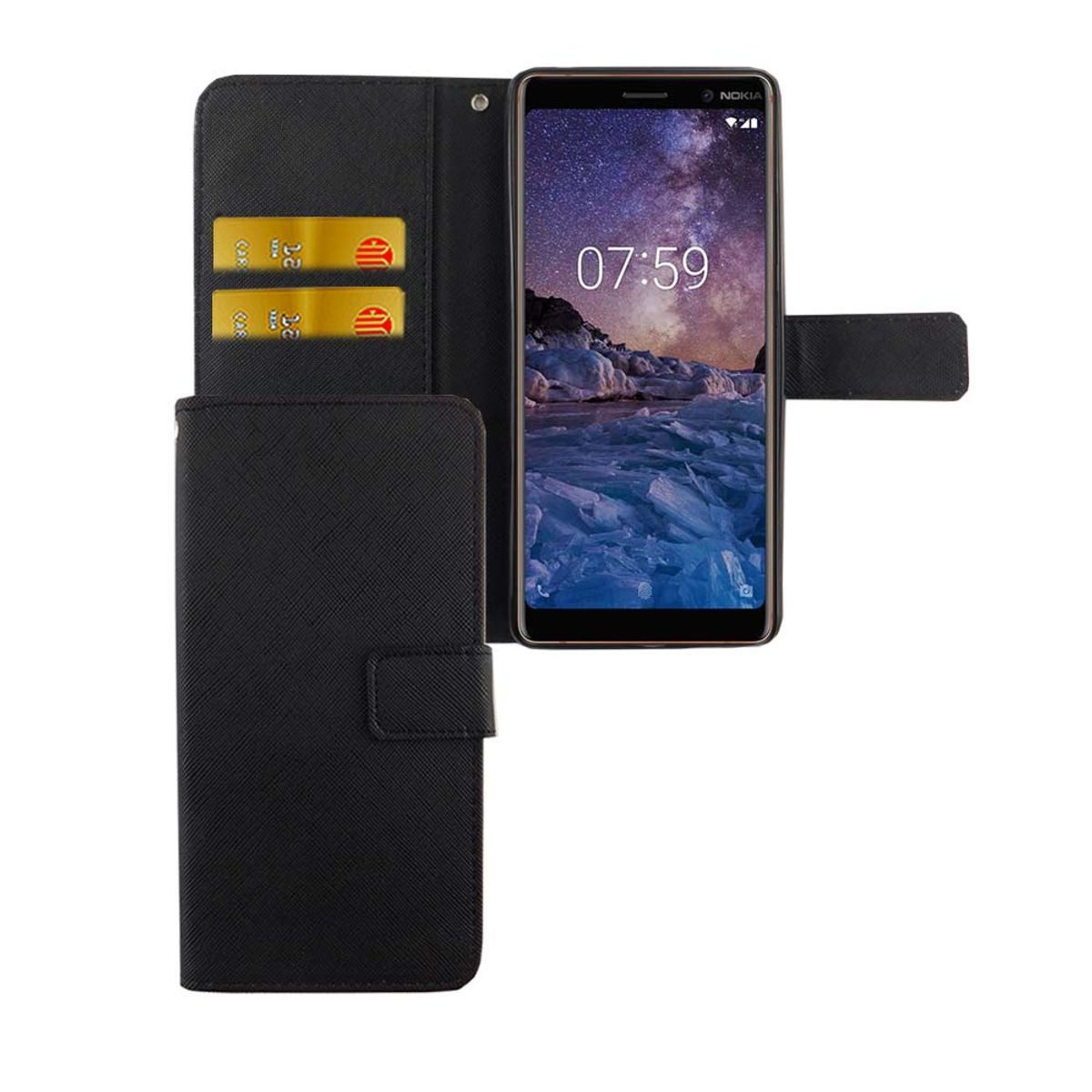 König Design Handyhülle Nokia 7 Plus, Nokia 7 Plus Handyhülle Bookcover Schwarz