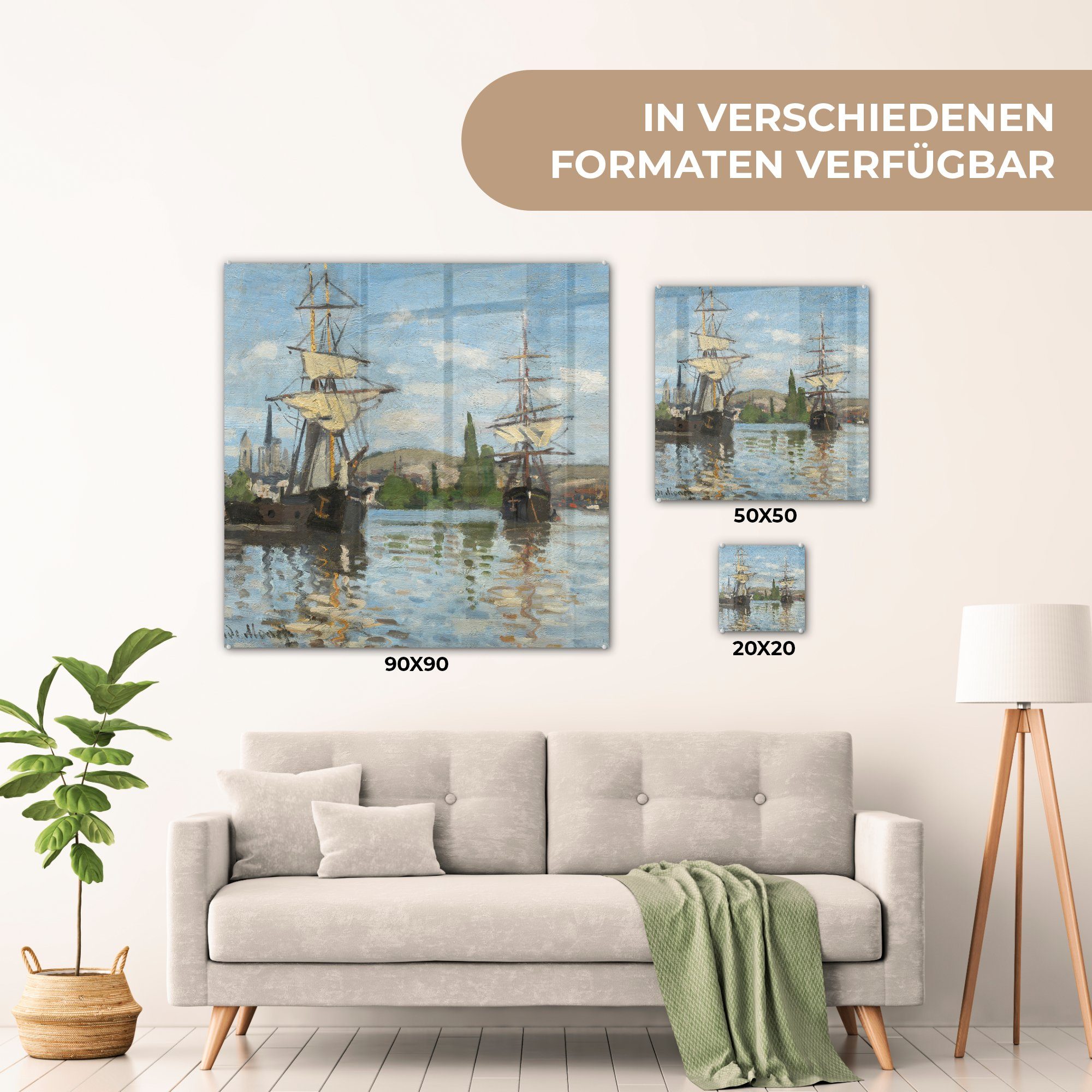 MuchoWow Acrylglasbild Segelschiffe auf Monet, Foto Claude - - Glas Wandbild der Wanddekoration St), Glasbilder - (1 Seine Bilder - bei auf Rouen Glas auf