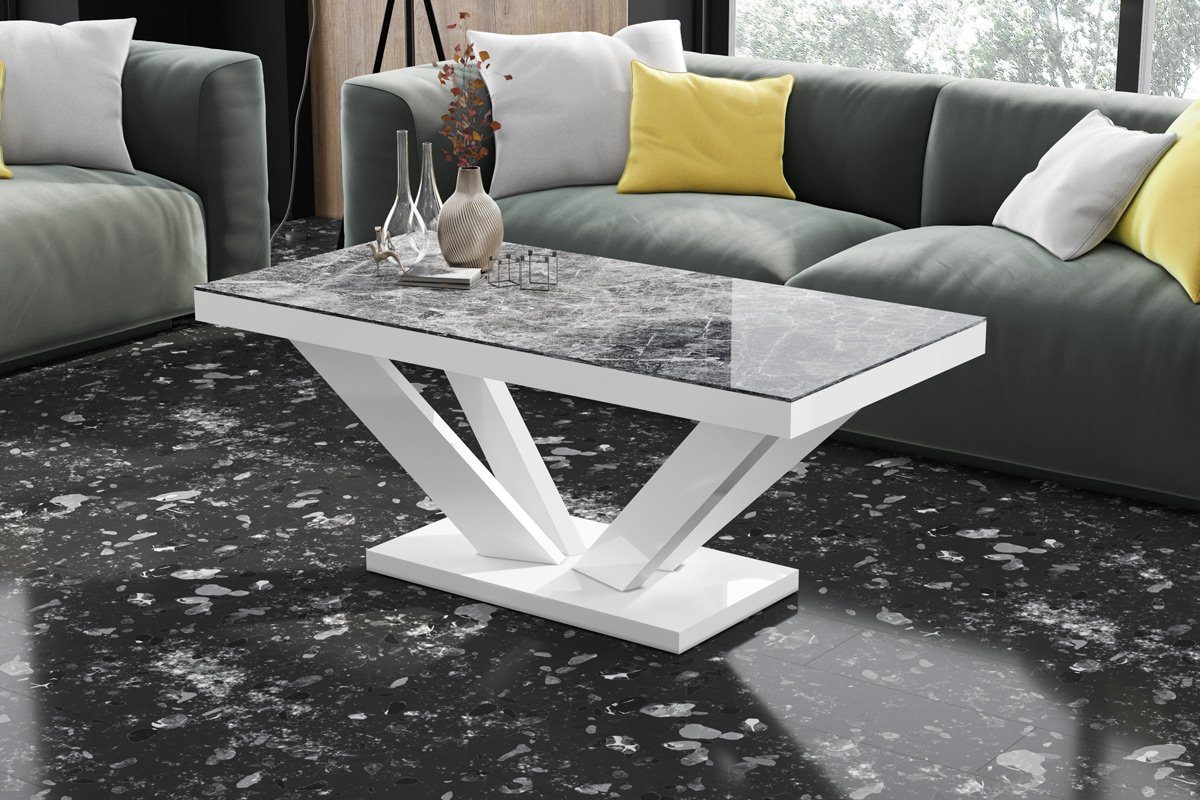 designimpex Couchtisch Design Couchtisch HV-222 Hochglanz Highgloss Tisch Wohnzimmertisch Marmor dunkel Hochglanz - Weiß Hochglanz