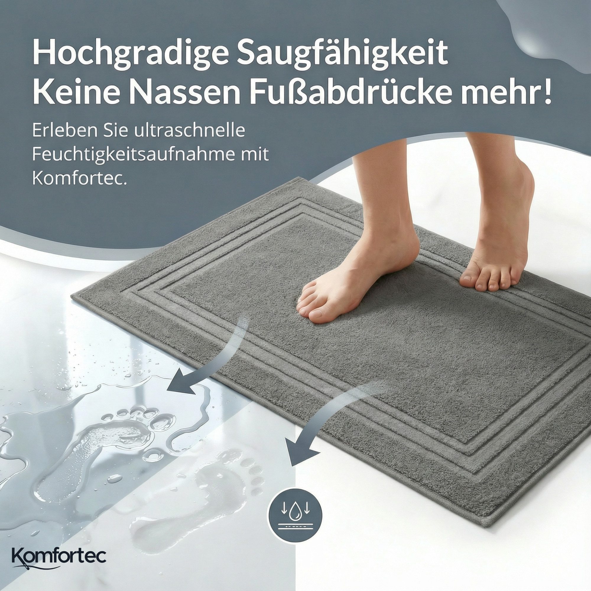 Komfortec Badematte Badvorleger aus 100% Baumwolle, 50x70 cm Duschvorleger, Waschbar Duschmatte, Frottee, Rechteckig, 600 g/m², 2er Set, Saugfähig & Schnelltrocknend