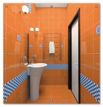 Sonnenschutz Modernes Badezimmer in orange mit blauen Fliesen, Wallario, blickdicht, mit Saugnäpfen, wiederablösbar und wiederverwendbar