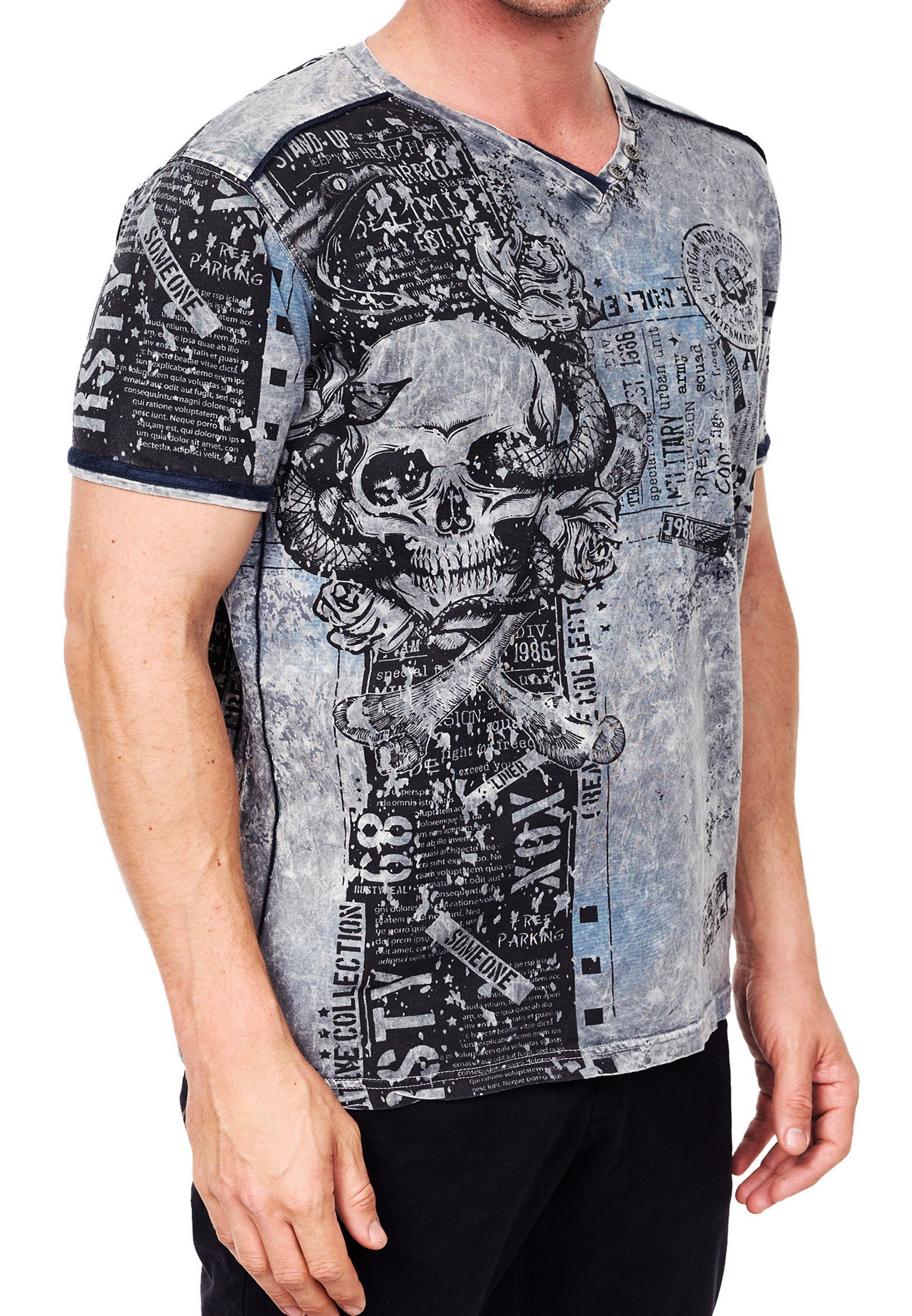 R-NEAL T-Shirt Designer Herren T-Shirt Verwaschen All Over Skull Print Rocker Shirt