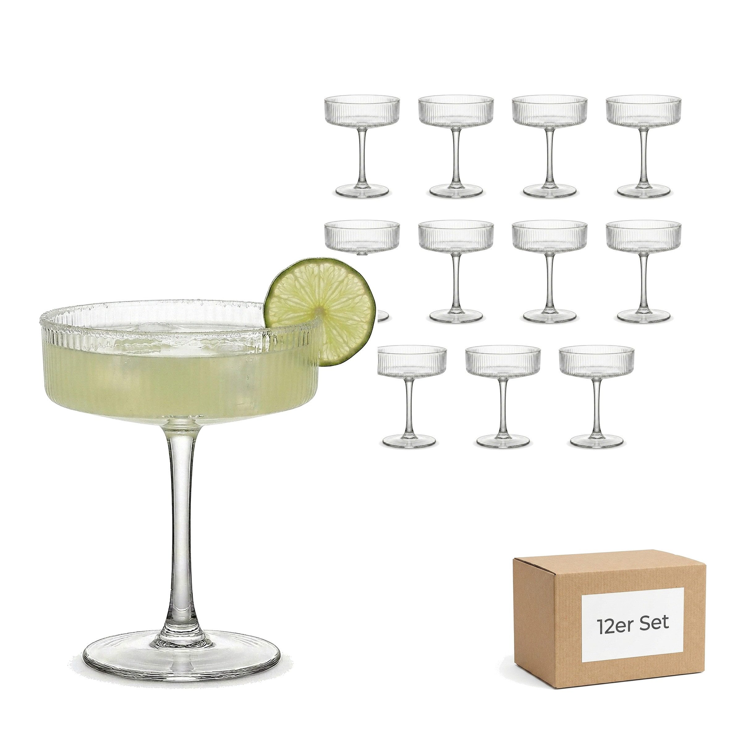 DAL CERO Martiniglas Cocktailglas – Elegantes geripptes Glas für Cocktails & Desserts, 12-tlg., 1-12er Set in 2 Größen
