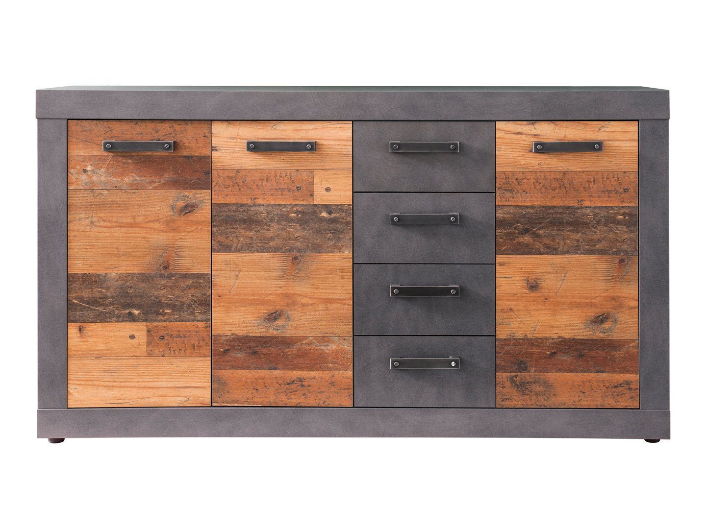 ebuy24 Kommode Indy Kommode 3 Türen, 4 Schubladen grau Eiche Deko