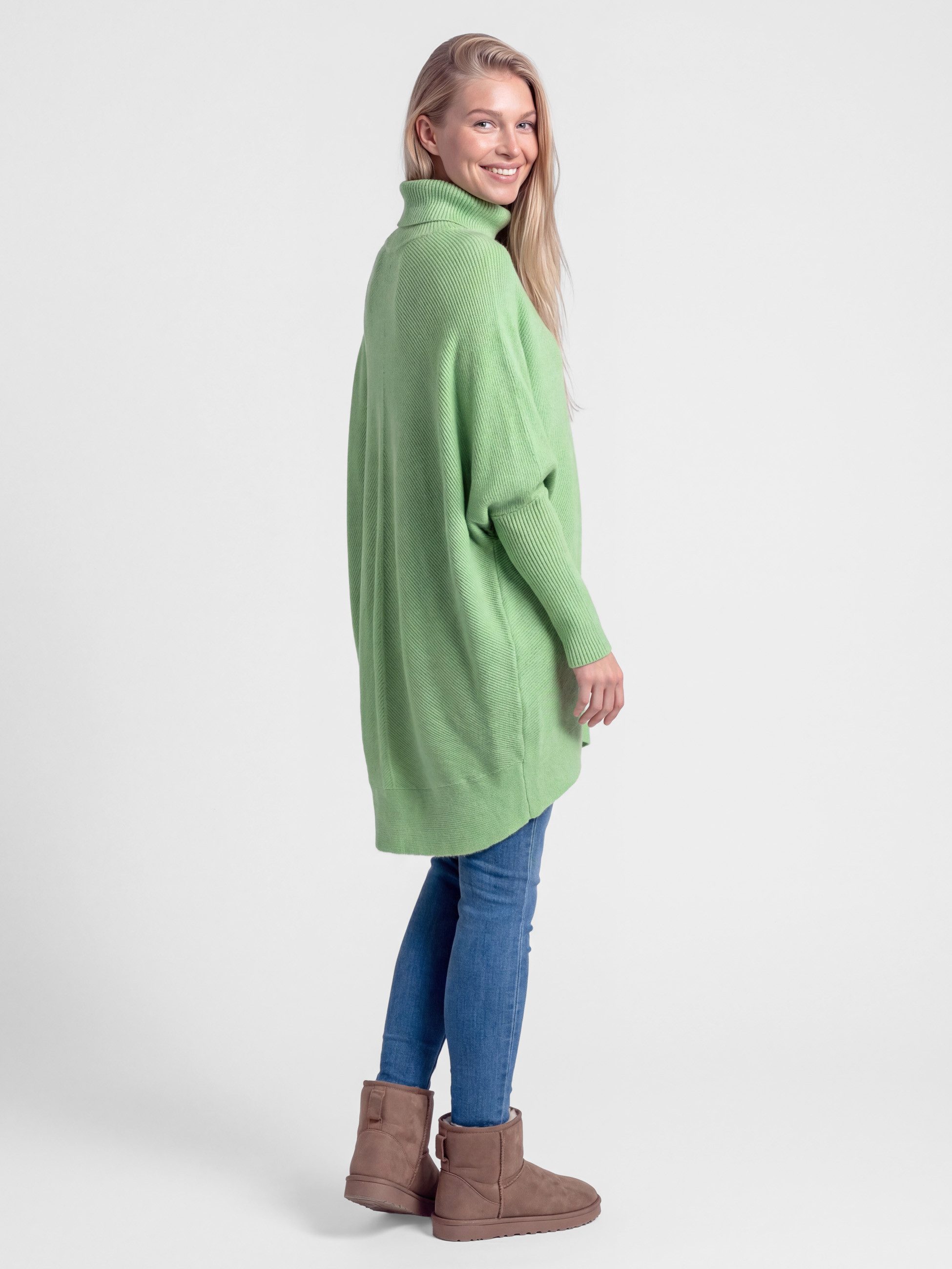 PEKIVESSA Longpullover Oversized langer Rollkragenpullover Fledermausärmel Vokuhila Schnitt hinten länger