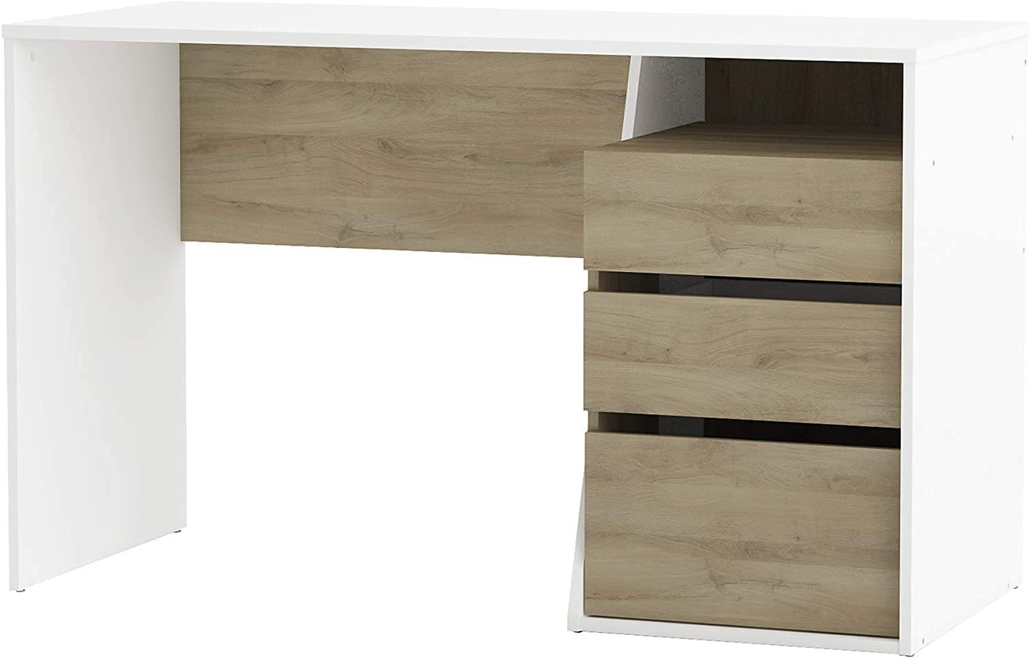 Weiss 3 127x77x55cm mit habeig Schreibtisch Schreibtisch holzfarbend Schubladen