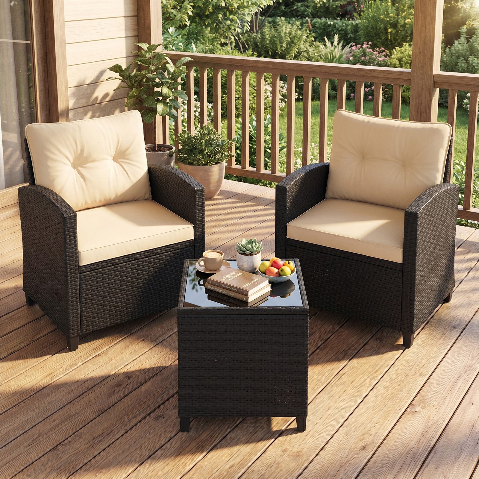 COSTWAY Balkonset, (3-tlg), Gartenmöbel Set Rattan mit Kissen, 2 Stühlen, Tisch