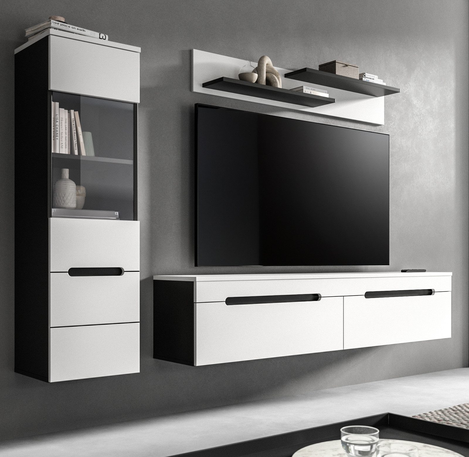 Inn.Furn Wohnwand Cooper, (Wohnkombination in Weiß matt und Basalt Grau, 3-teilig, Breite 220 cm), hängend oder stehend