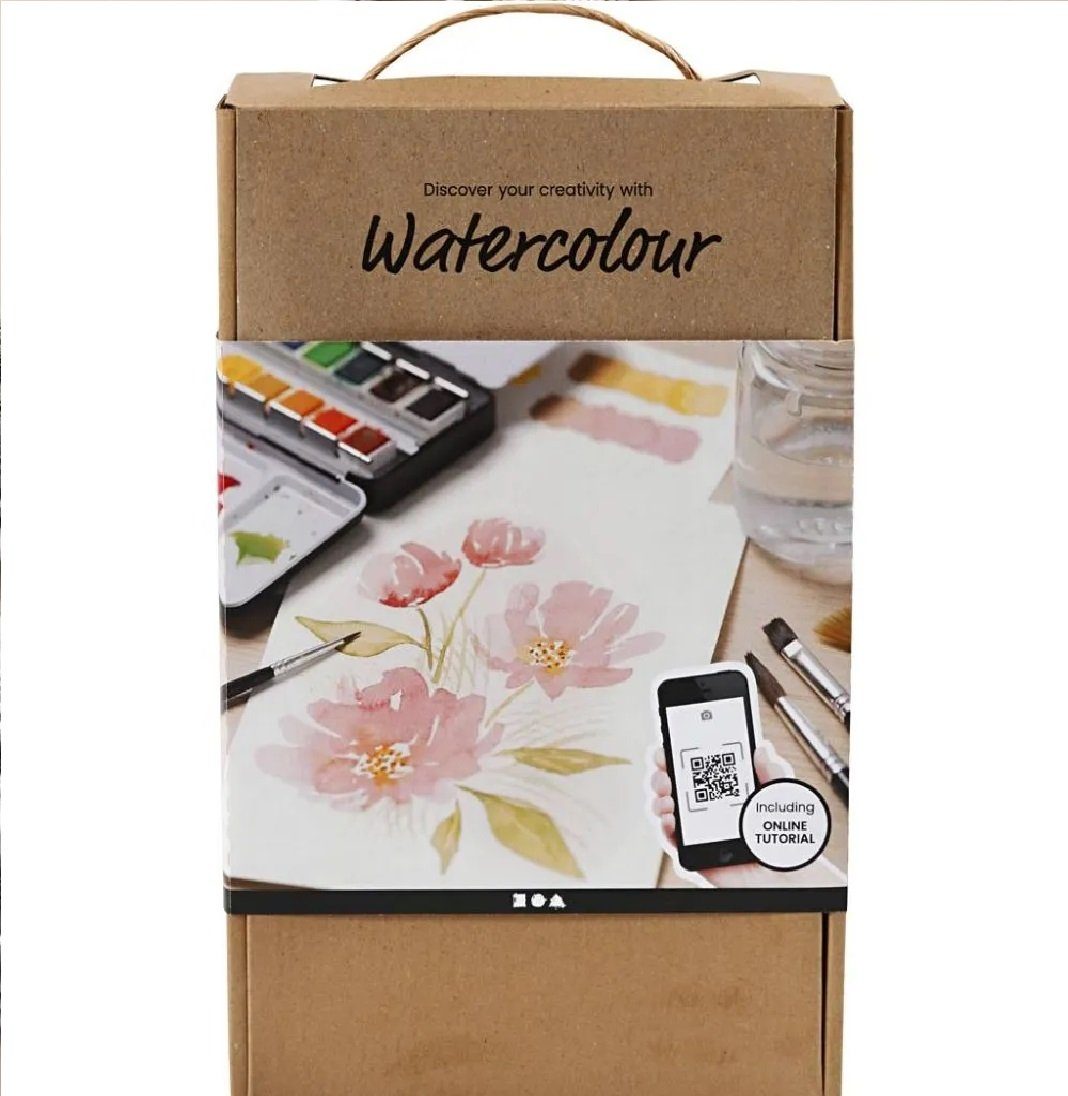 Creotime Kreativset Watercolour Aquarell-Set für Einsteiger, (Komplett-Set, 7-tlg), inkl. Videoanleitungen