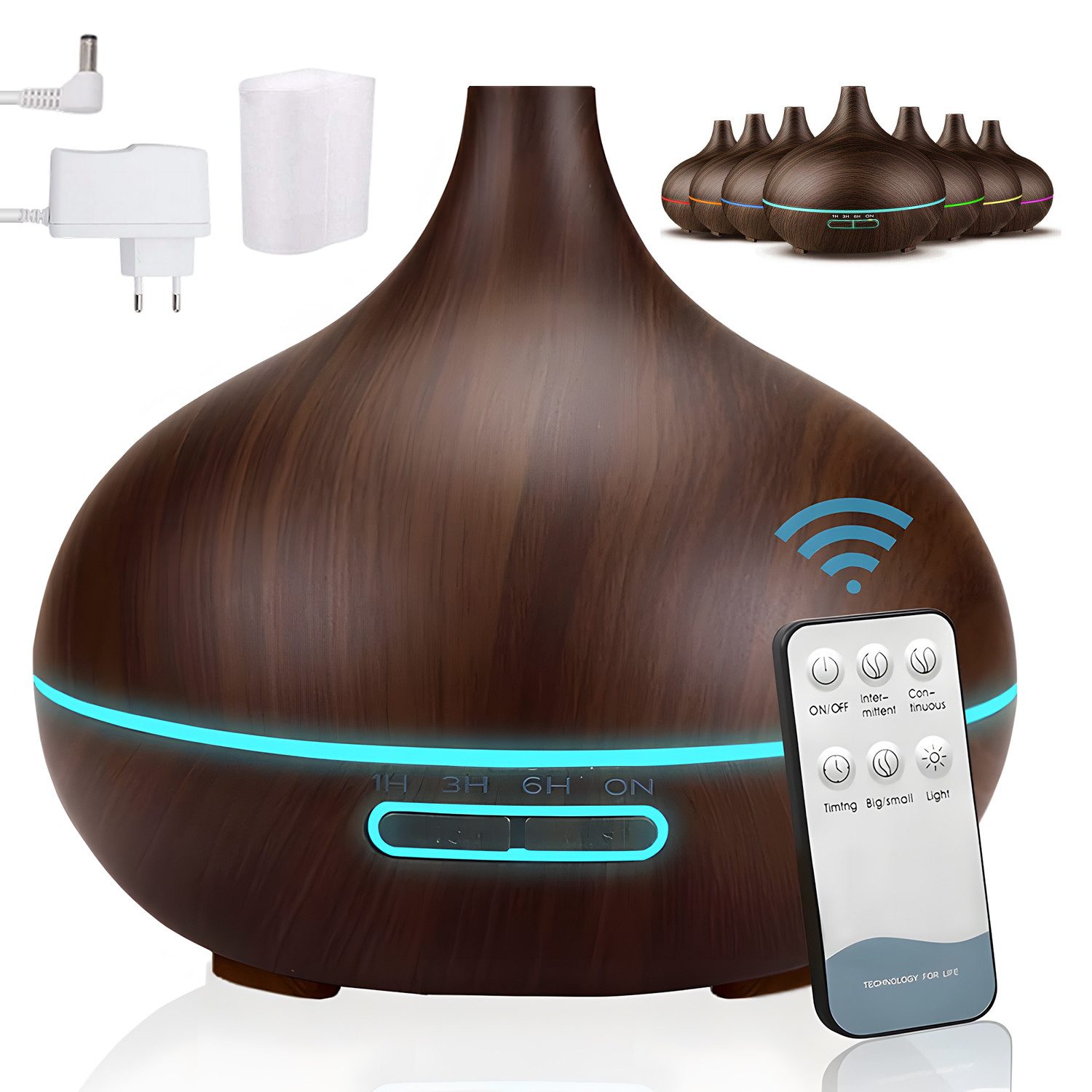 AKKEE Luftbefeuchter Diffuser Ultraschall LED Aroma Diffusor 500ml, Timer, 0,5 l Wassertank, Luftreiniger, Holzdekor