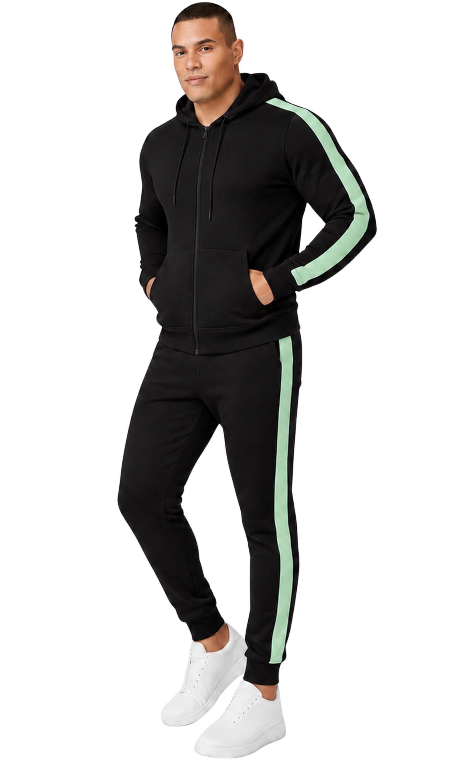 L.gonline Freizeitanzug Herren Jogginganzug zweifarbig sportlich mit Streifen, 526 (Kapuzenjacke mit Reißverschluss, Hose, 2-tlg), Fitness Freizeit Casual