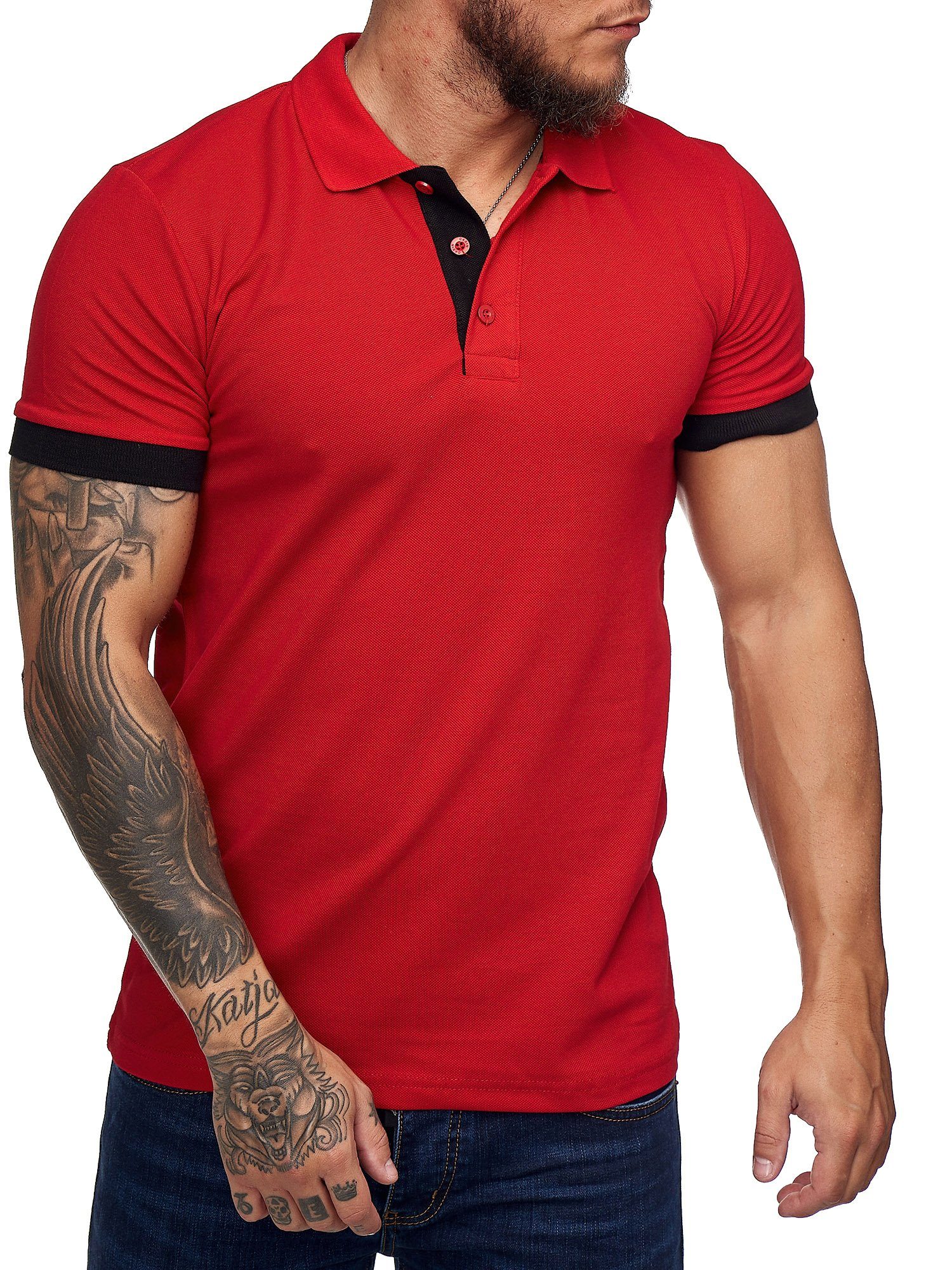 John Kayna T-Shirt Herren T-Shirt Poloshirt Shirt Kurzarm Printshirt Polo Kurzarm 1402C1 (Shirt Polo Kurzarmshirt Tee, 1-tlg) Fitness Freizeit Casual Rot | T-Shirts