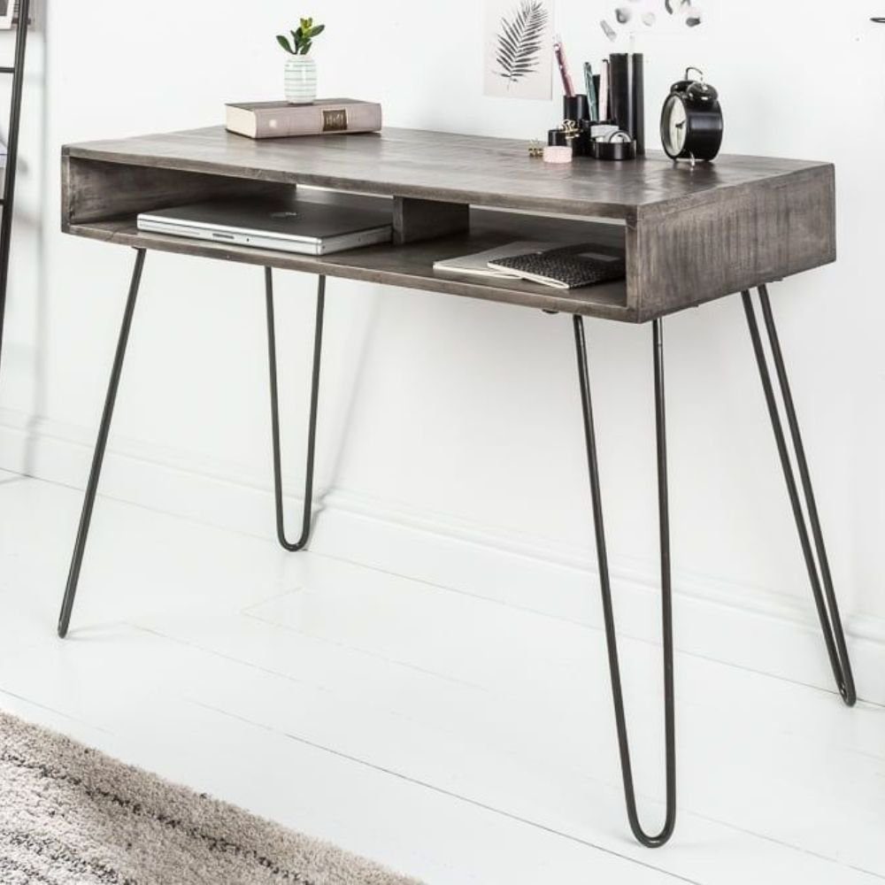 Industrie-Look Mangoholz Schreibtisch Metallbeine LebensWohnArt ALINA 100cm Konsolentisch grau