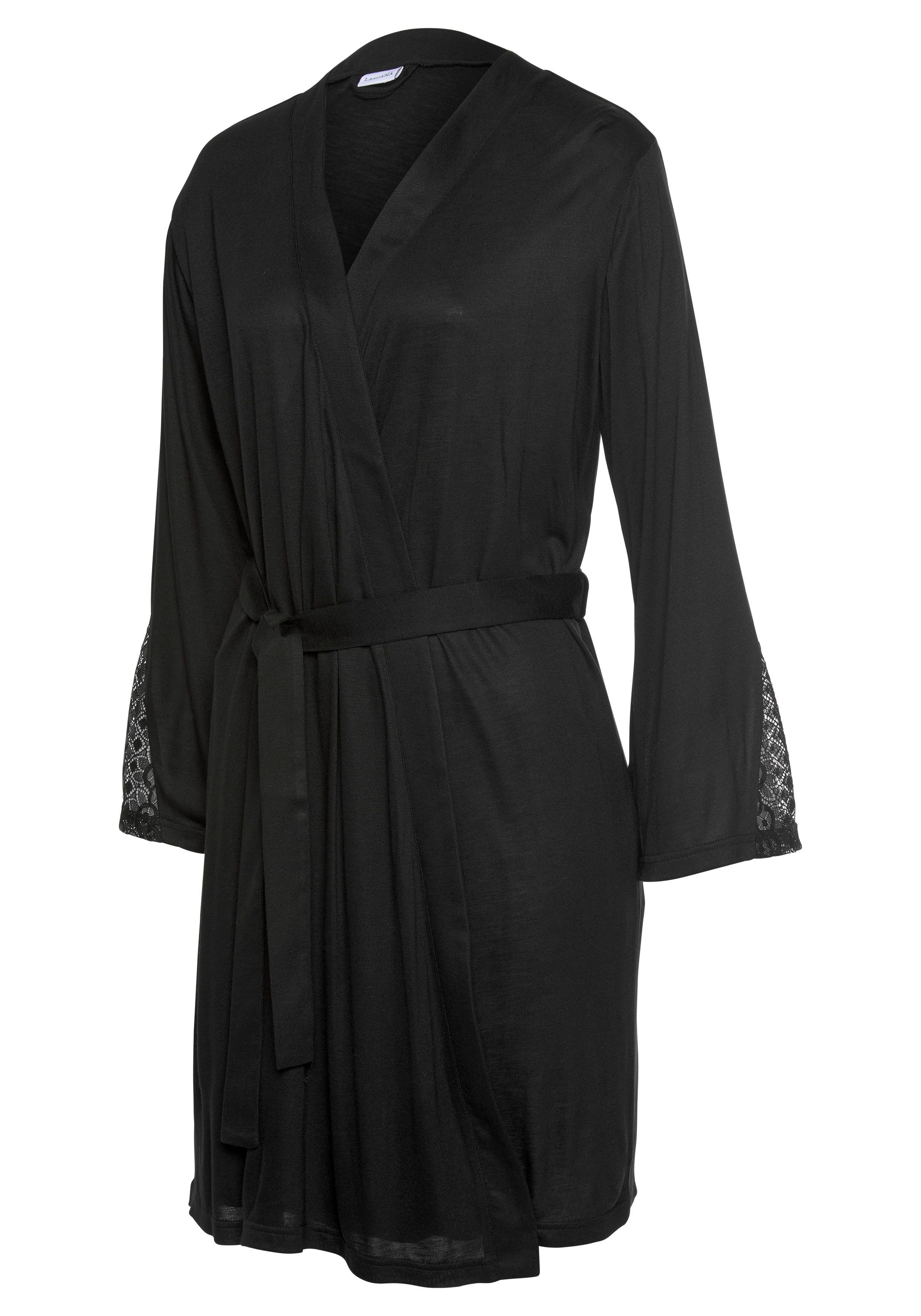 mit Gürtel, und Kurzform, LASCANA langen Kimono, Ärmeln schwarz Viskose, Spitzen-Details