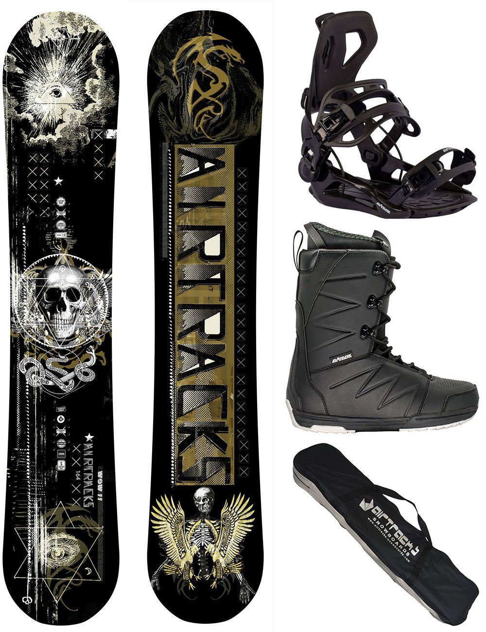 Airtracks Snowboard Snowboard Komplett Set WOW Carbon Rocker (4 St., 4er Pack), Snowboard + Bindung Master Fastec + Boots + Bag / 155 160 164 cm
