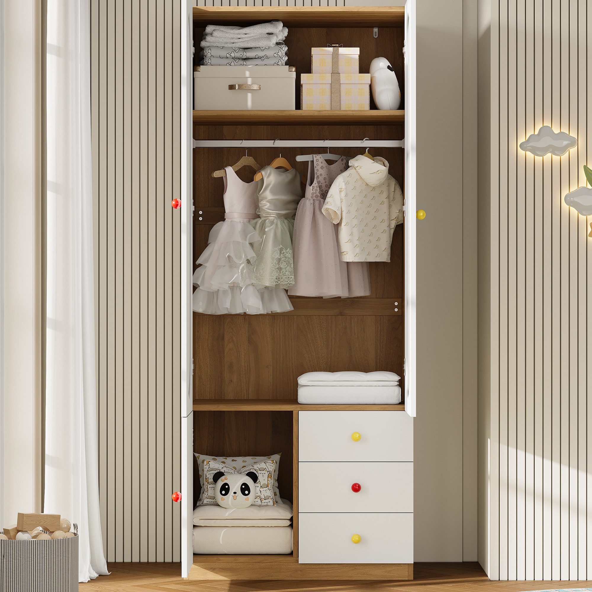Merax Kinderkleiderschrank Kinder-Kleiderschrank, 3-türiger Kleiderschrank (1-St., mit 3 Schubladen) Kinderzimmer, Kinderzimmermöbel, Kleiderstange, Bunte Keram – Bild 3 von 5