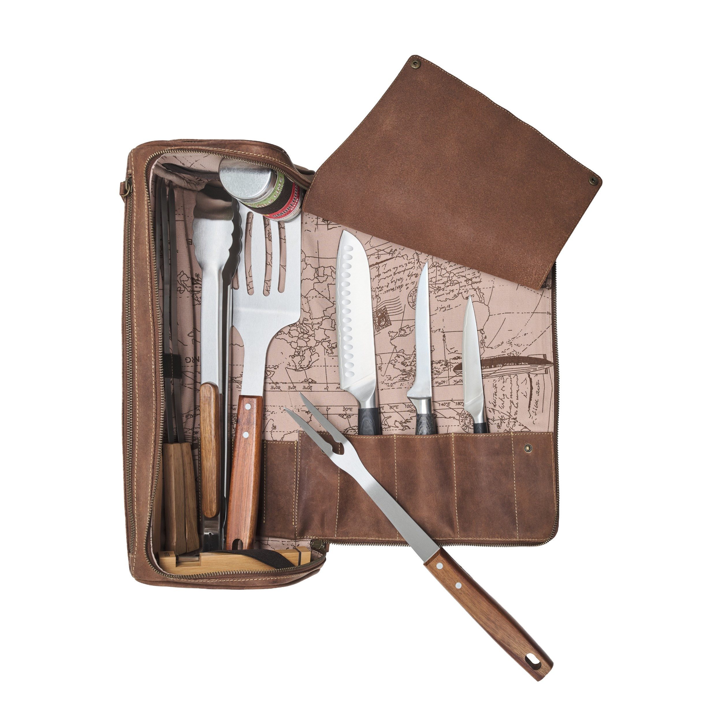 DRAKENSBERG Messertasche Grillbesteck-Tasche »Thor« Havanna-Braun, mit vielen Fächern, 3 Messer-Fächer, Premium Büffelleder, handgemacht