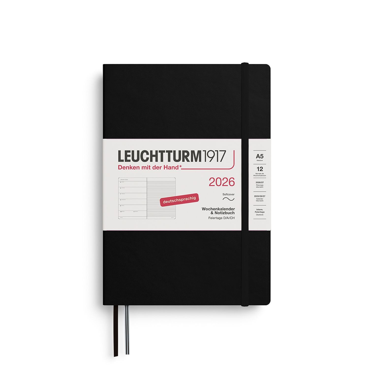 Leuchtturm1917 Taschenkalender Wochenkalender 2026 & Notizbuch Medium A5 Softcover Schwarz