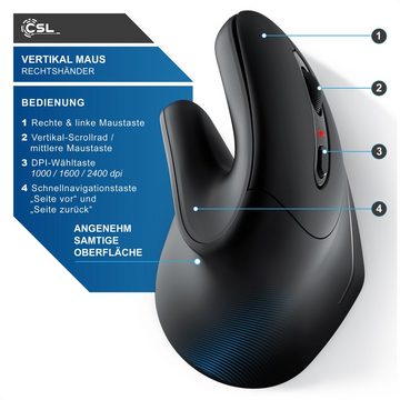 CSL ergonomische Maus (Bluetooth, Vertikal, optisch, kabellos, Armschonend, bis zu 2400 dpi)