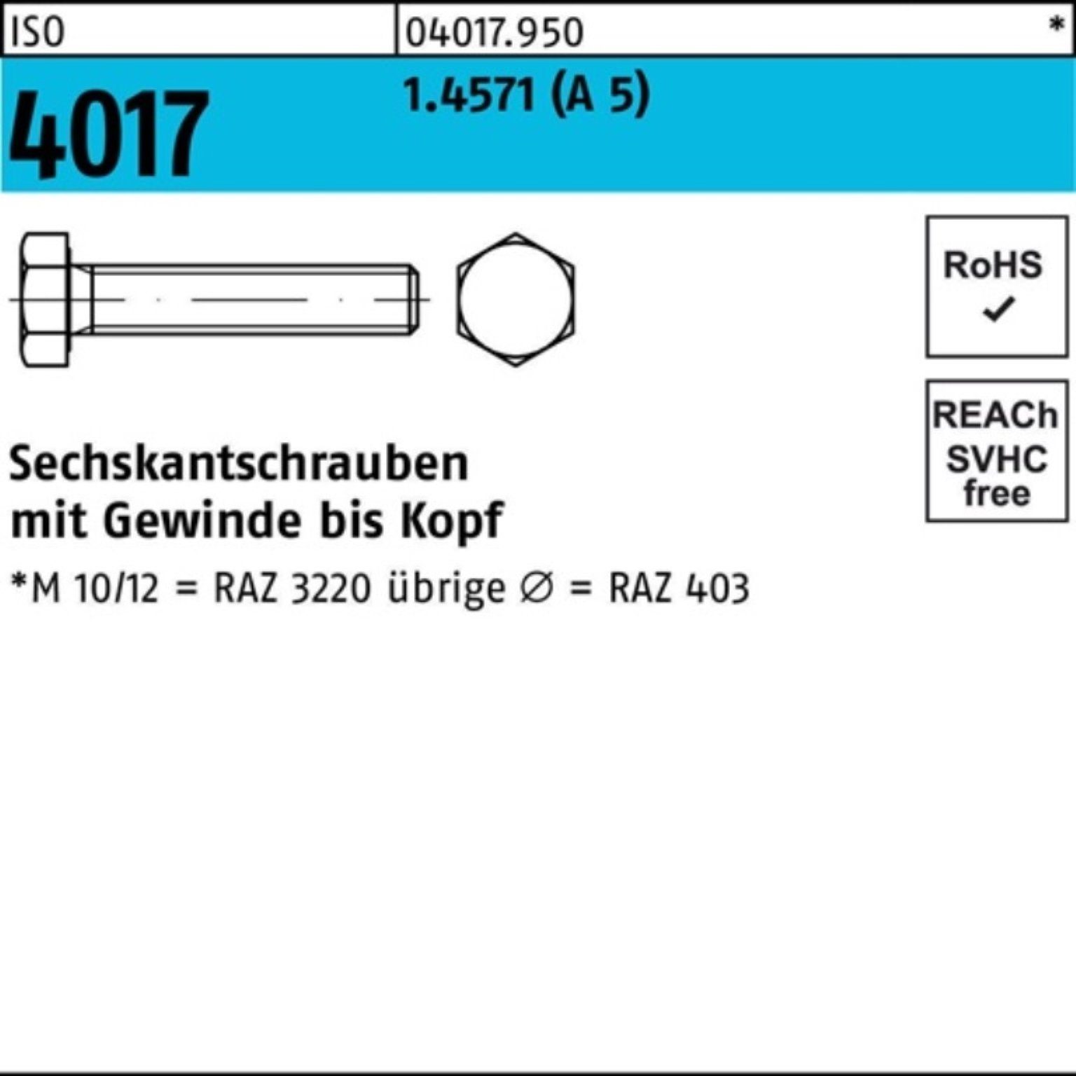 Bufab Sechskantschraube 100er Pack BUFAB 040179500100045 Sechskantschraube ISO 4017 VG M 10 x