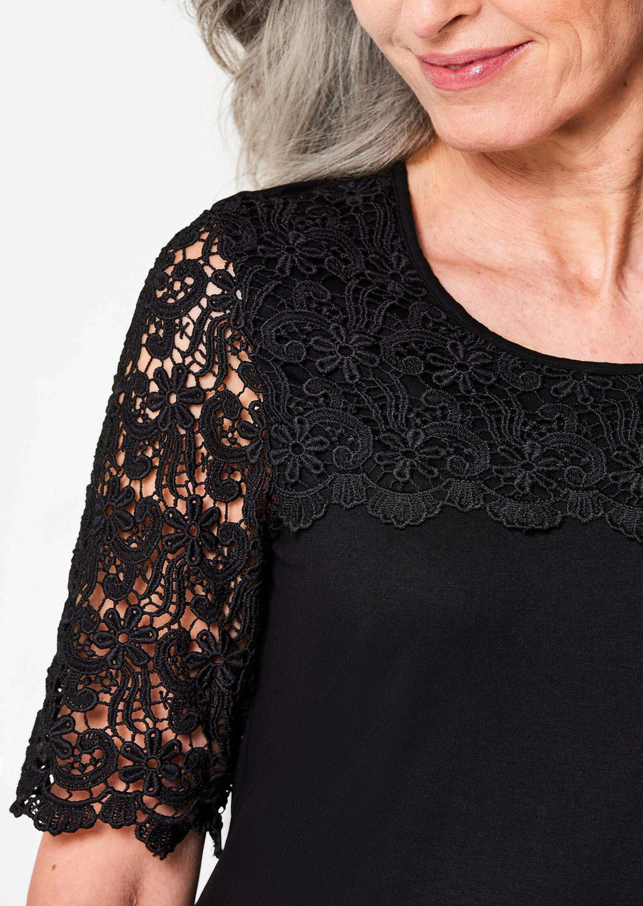 GOLDNER T-Shirt Viskose-Blusenshirt mit Spitze Viskoseshirt mit Rundhals, elastischem Saum und Langarm