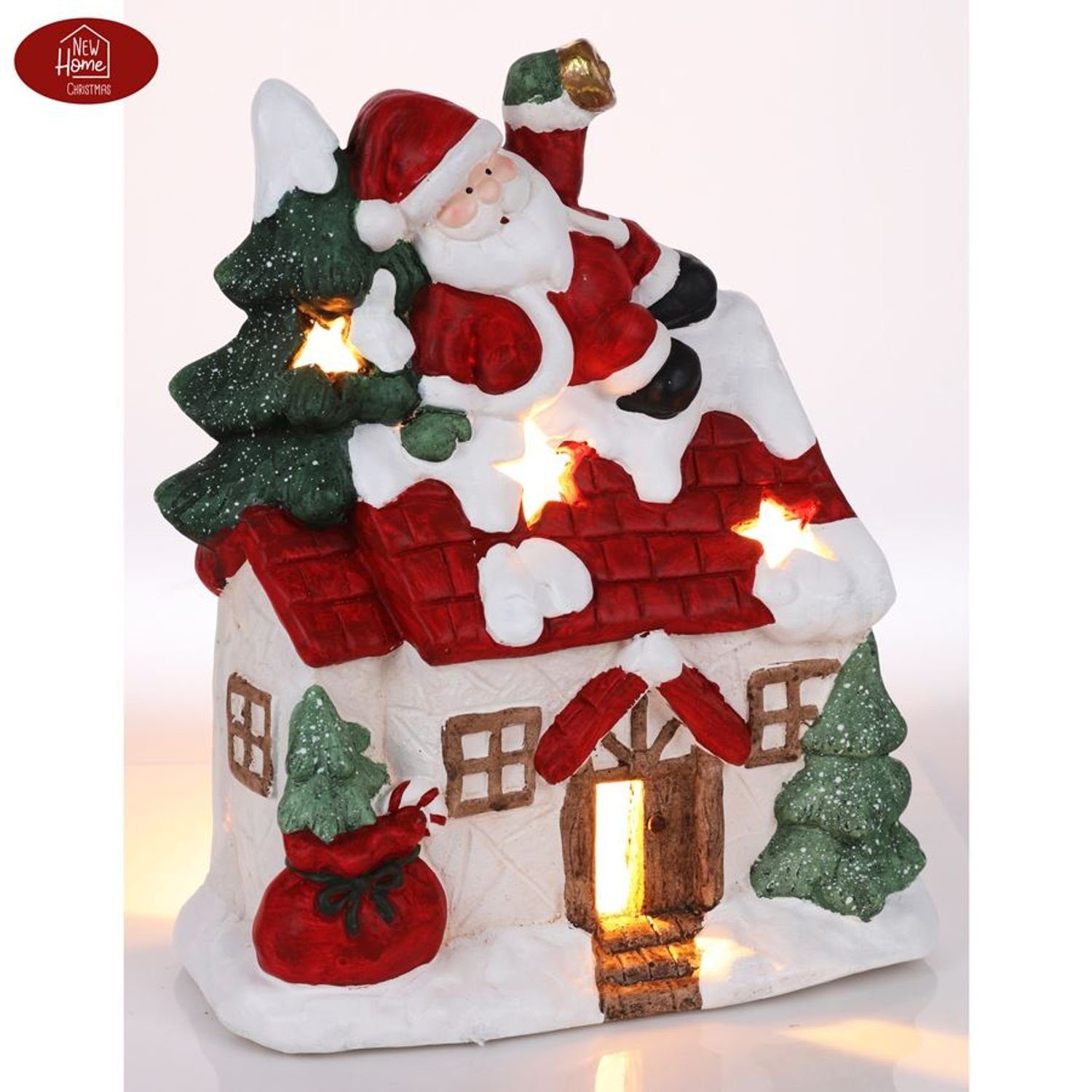 Dekofigur Weihnachtshaus mit Weihnachtsmann und Tannenbaum 36cm Teelichthalter