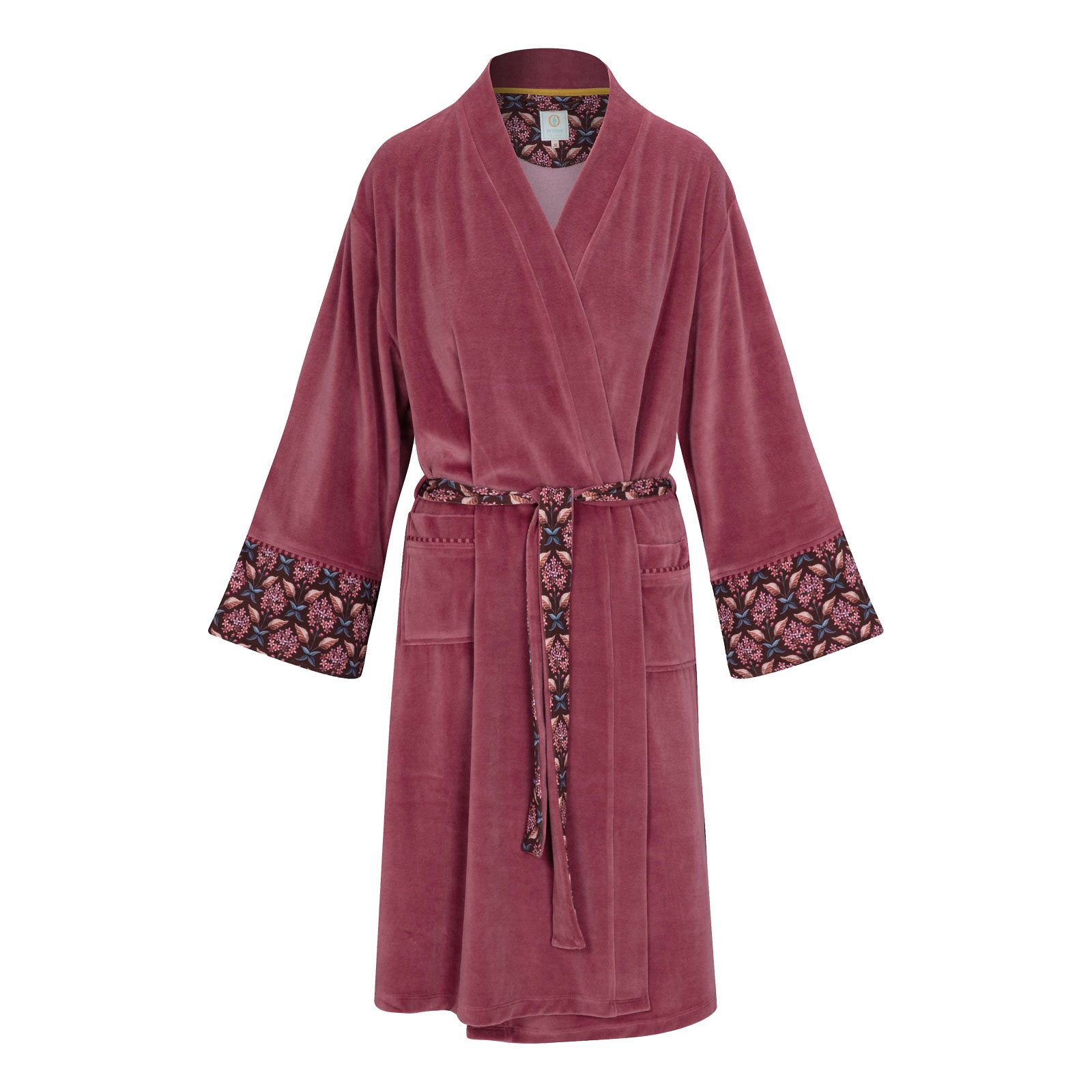 PiP Studio Kimono Naomi Kimono Velvet Solid, knielang, Baumwoll-Mix, mit breitem Gürtel zum binden, Bindegürtel, mit Bindegürtel, Ärmelabschlüsse mit floralem Muster