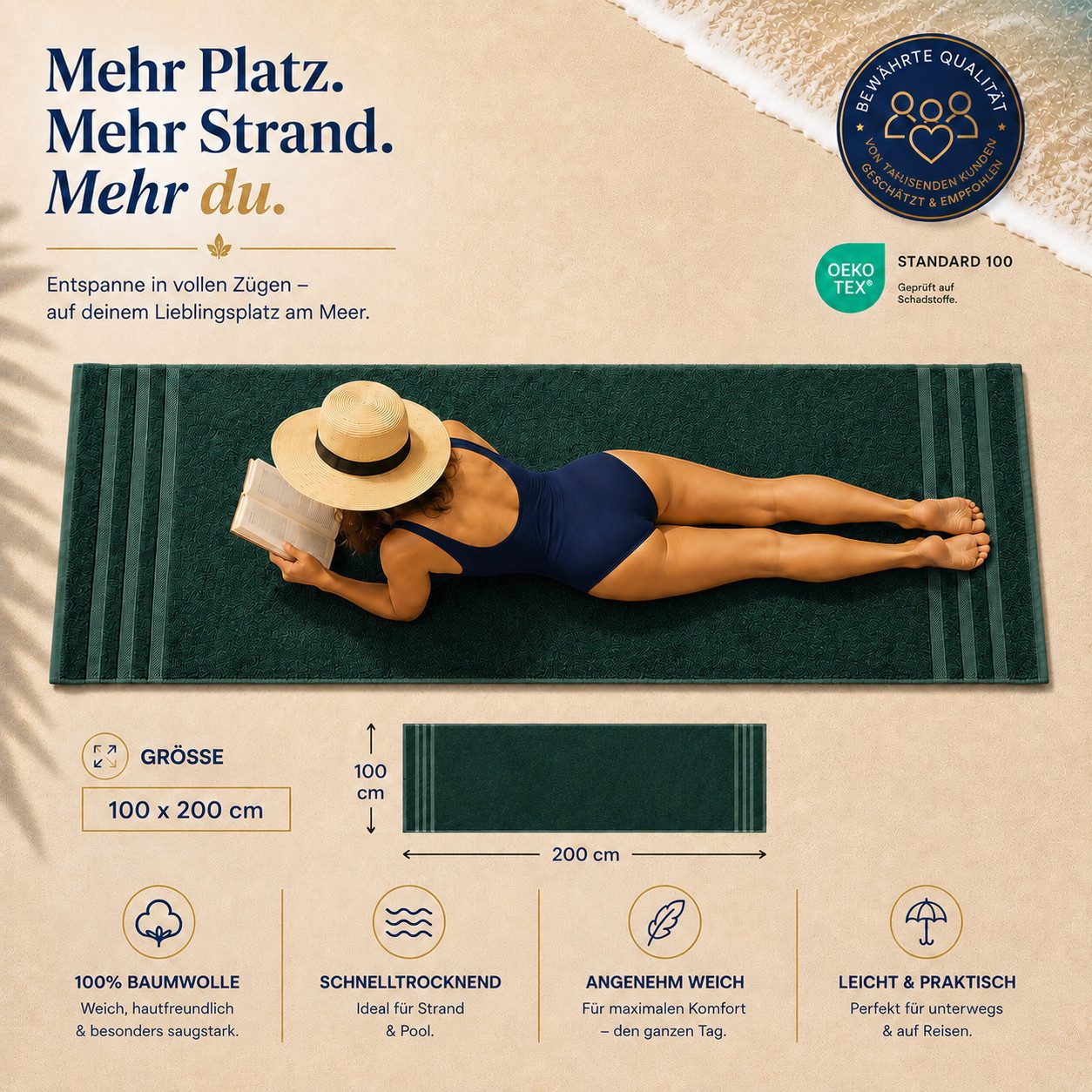 Komfortec Saunatuch 100x200 Extra Große XXL Premium Saunatuch, Unifarben (1-St), extra Große XXL, Schnelltrocknend, Frottee, Weich, Baumwolle