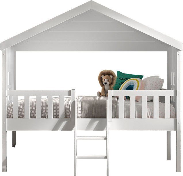 Vipack Hausbett Kiefer massiv weiß lackiert, Made in Europe, stabil gebaut (B/H/T ca. 213x201,8cm, wahlweise mit und ohne Rutsche), mit Leiter, seitliche Fenster, Rolllattenrost und Absturzschutz