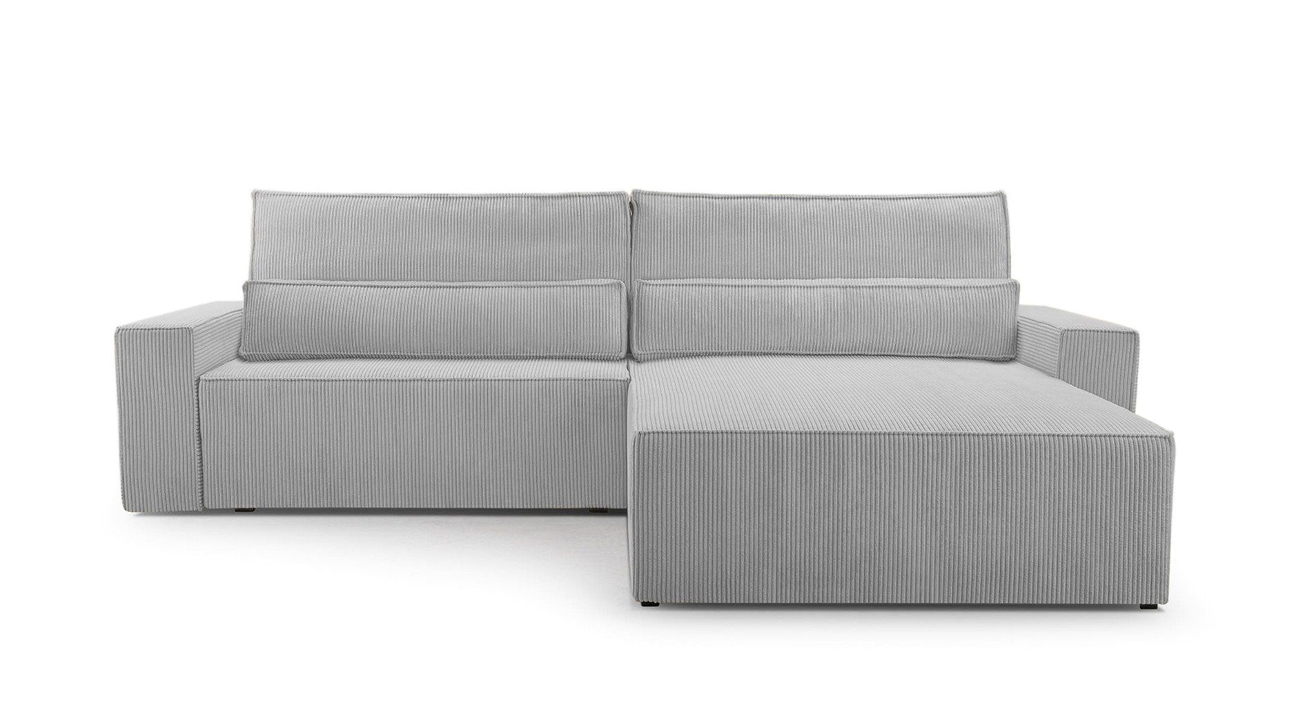 MOEBLO Ecksofa DENVER, mane beidseitig montierbar Couch Cord für Wohnzimmer Schlafsofa Sofagarnitur Sofa Eckcouch L-Form Cordstoff - 297x85x185cm, mit Schlaffunktion und Bettkasten Hellgrau (Poso 110) | Ecksofas