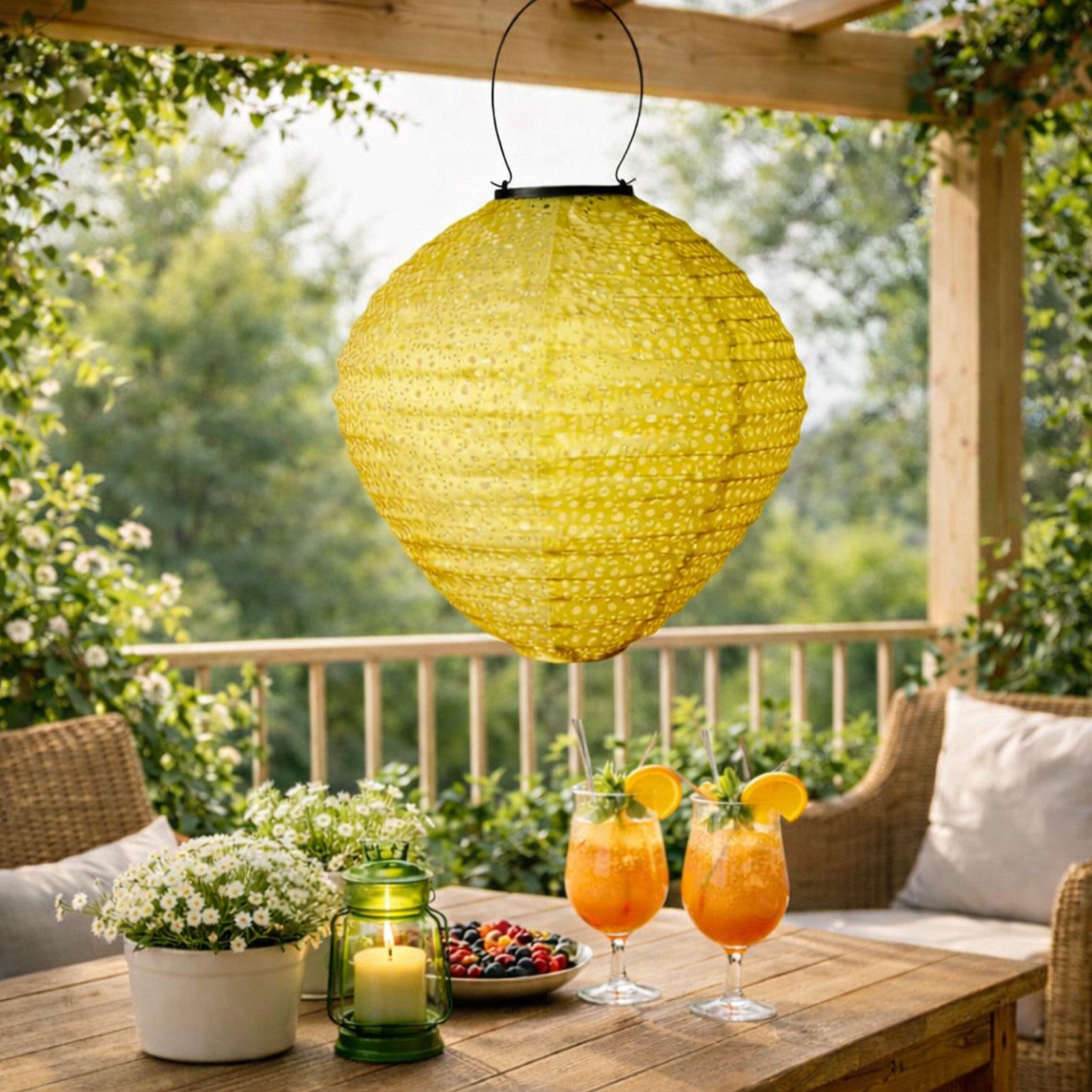 MARELIDA LED Lampion Solar Gartenlampion Ballon Blumenmuster gelb D:30cm Balkon Terrasse, LED Classic, warmweiß (2100K bis 3000K)