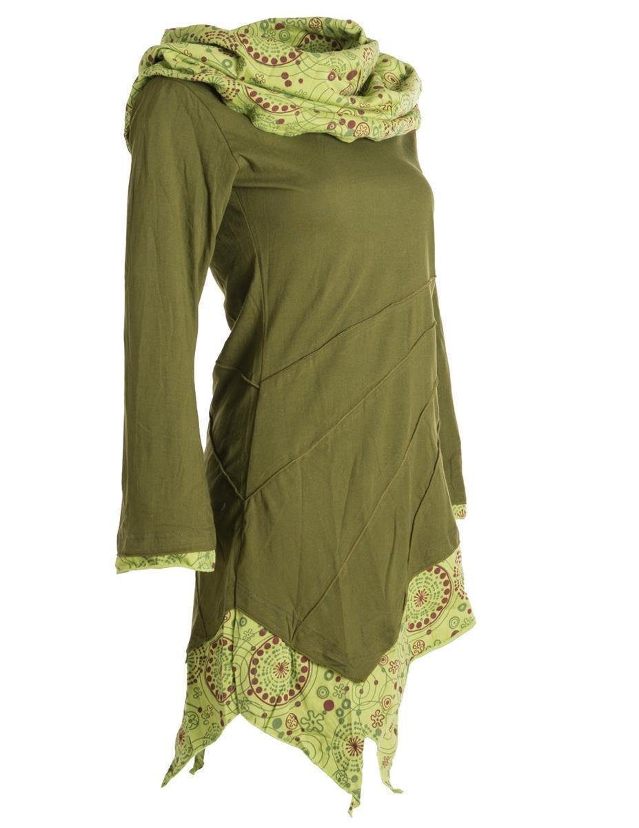 Ethno, aus Kleid Schalkragen mit Hippie, Goa, Asymmetrisches Jerseykleid Boho olive Vishes Style Baumwolle
