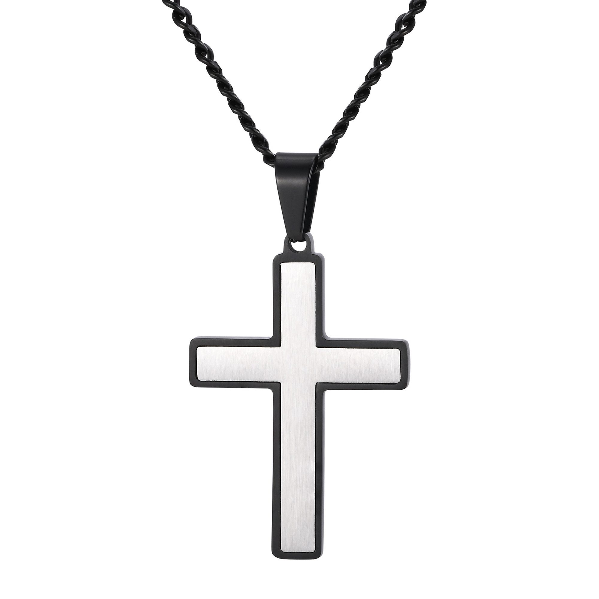 Kette mit Anhänger Kreuz Silber Schwarz Edelstahl 60 cm Kreuzkette Herren