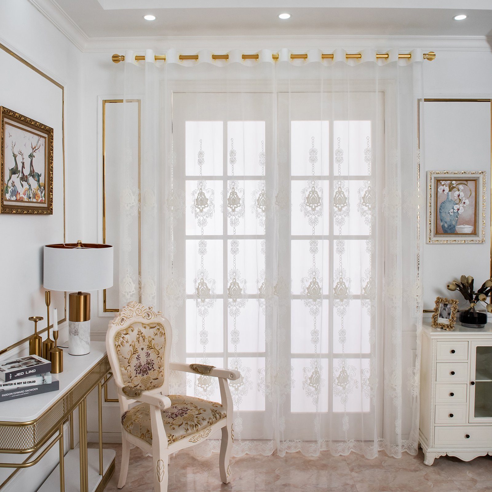Gardine Transparent Vorhang mit Ösen, Voile, Stickerei Blumen, Marokko,  Weiß, Sunicol, (1 St), Kräuselband, für Wohnzimmer Schlafzimmer Kinderzimmer | Gardinen-Sets