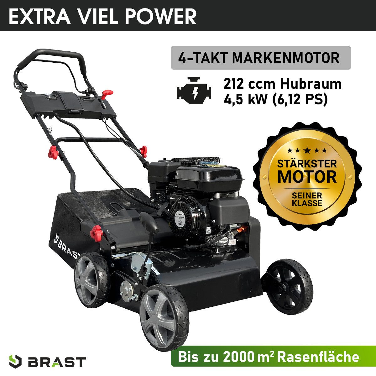 BRAST Benzin-Vertikutierer / Lüfter 4-Takt Motor 4,5kW (6,12PS) / 212cm³, TÜV geprüft, 40 cm Arbeitsbreite, (Elektrostart-Funktion, 16-Messer Vertikutier-Walze, 50 L Fangkorb), für Flächen bis 2.000 m²