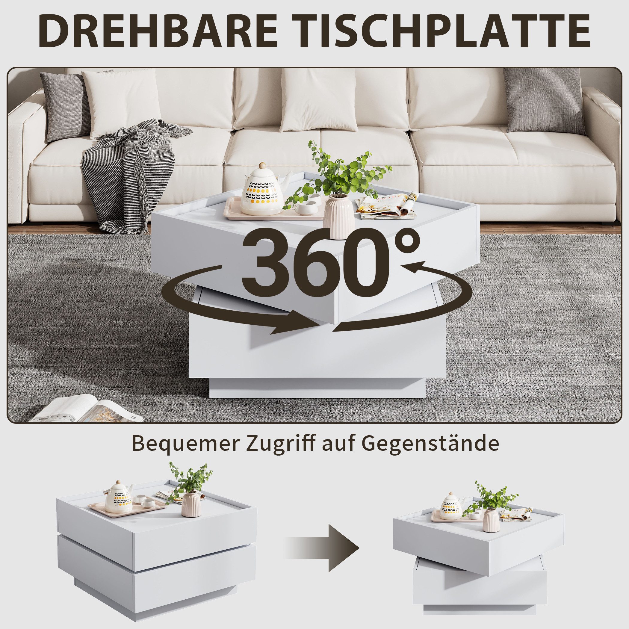 SeedWave Couchtisch Sofatisch, 360° Drehbare Ober-Tischplatte, 2 Grifflosen Schubladen, Erhöhte Seitenböden rund um Arbeitsplatte, Ohne Füße zum Stabilität