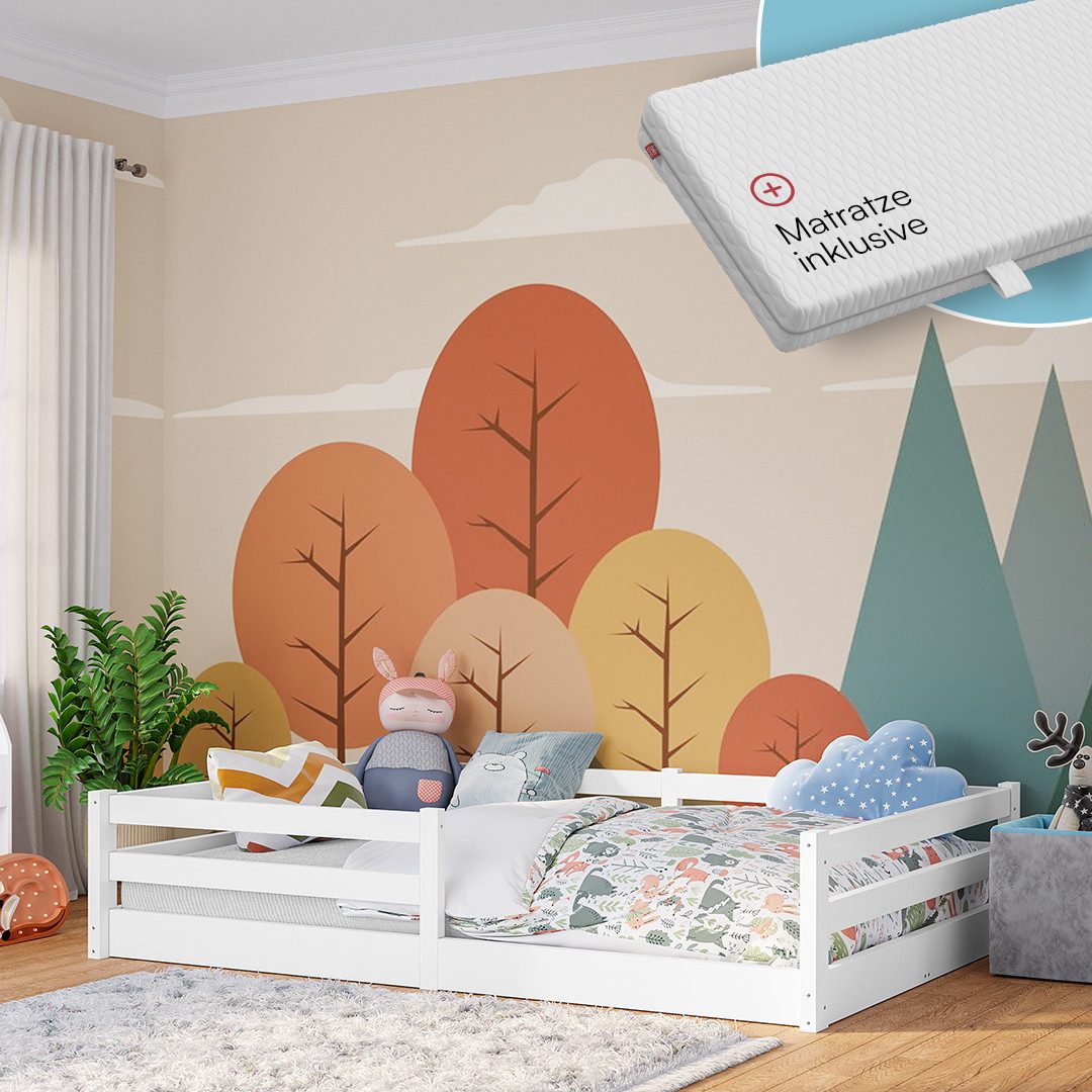 Bellabino Kinderbett Iskri mit Rausfallschutz und Lattenrost (weiß, mit Mat günstig online kaufen