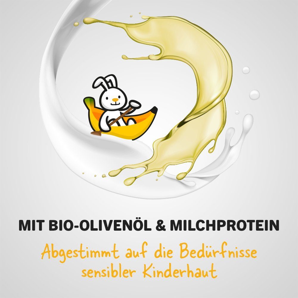 sanosan Duschgel 2in1 Dusche Haarpflege & & Spray Banane Leichtkämmspray Milchprotein - Haarpflege & Leichtkämm Hautpflege, Kinder Bio Haarshampoo, - für - 1-tlg. mit Duschgel, Olivenextrakt & Shampoo