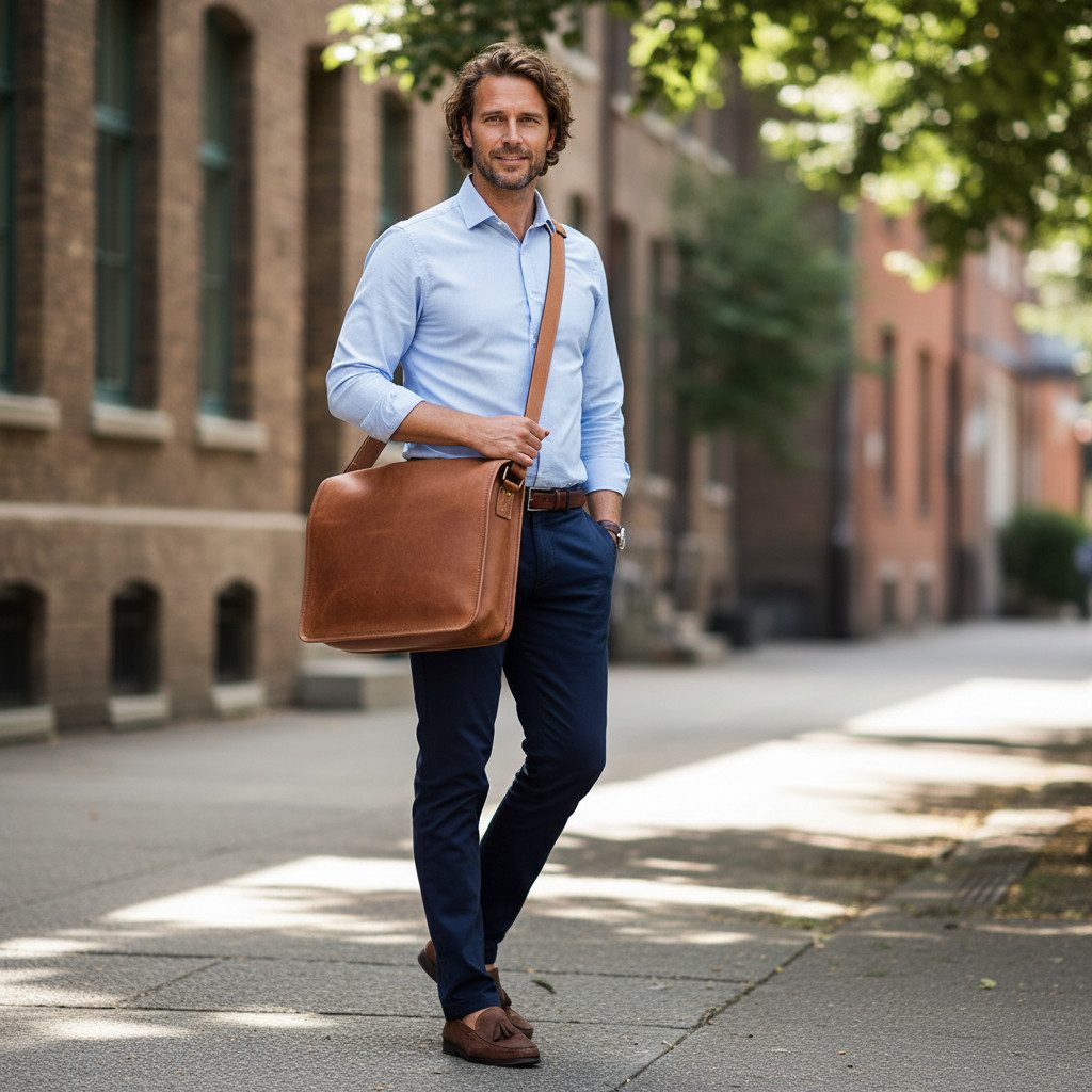 SID & VAIN Messenger Bag SPENCER groß Laptop-Tasche 15 Zoll echt Leder, Umhaengetasche Laptop Fach Herren Damen Schultertasche braun