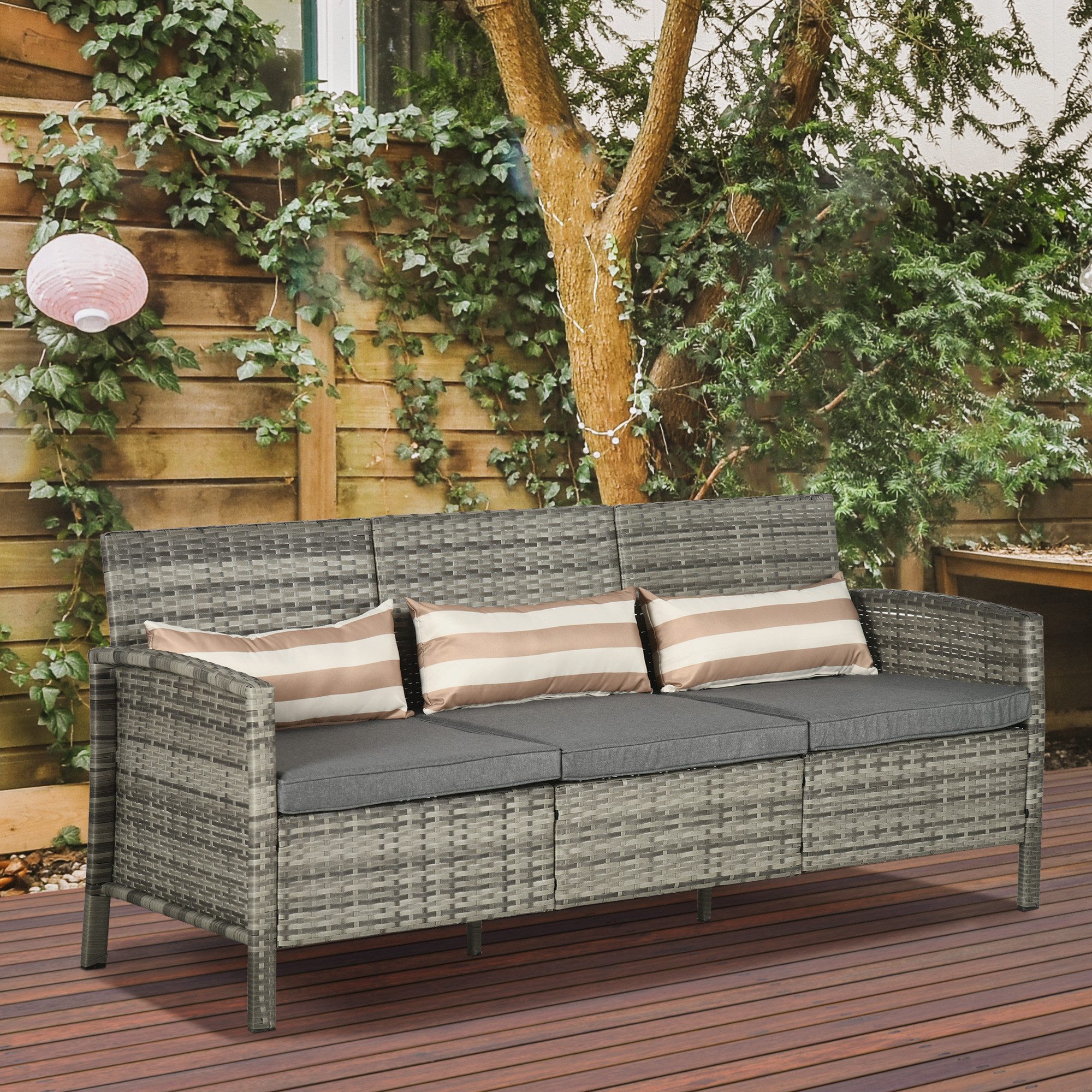 Outsunny Gartenbank Rattan Sofa Dreisitzer mit Kissen (Gartenmöbel, 1-St., Garten Loungesofa), Stahl, Grau, 68 x 173 x 78 cm